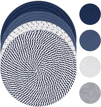 SHACOS 10 Inches Trivets for Hot Dishes, 4 Pieces Cotton Trivets Mats for Kitchen, Hot Pads for Countertops and Table, Heat-Resistant Pot Holders for Hot Pots and PansBlue, 4pcs