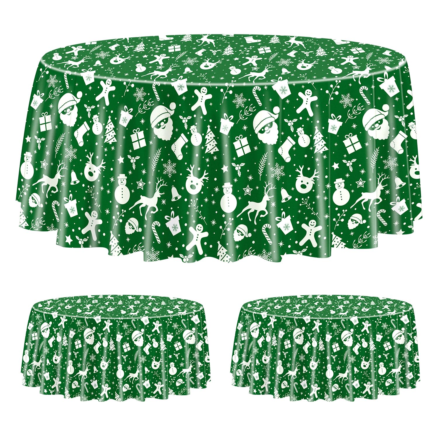 Manteles de Navidad para Mesa Redonda, 210x210cm Papá Noel Muñeco de Nieve Reno Copo de Nieve Mantel de Mesa de Navidad para Fiestas de Navidad Eventos de Invierno Decoraciones, Verde, Paquete de 3