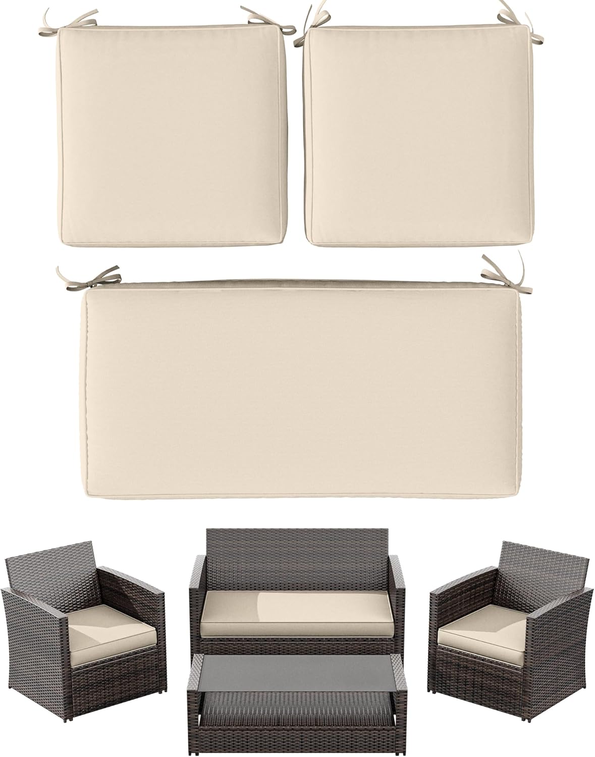 3 Pack Outdoor Furniture Cushions,High-Elastic Replacement Sponge Fits for 4-Seater Wicker Rattan Patio Furniture Cushions Sofa Loveseat Chair Couch（36x18x3,18x18x3 Liner & Cover