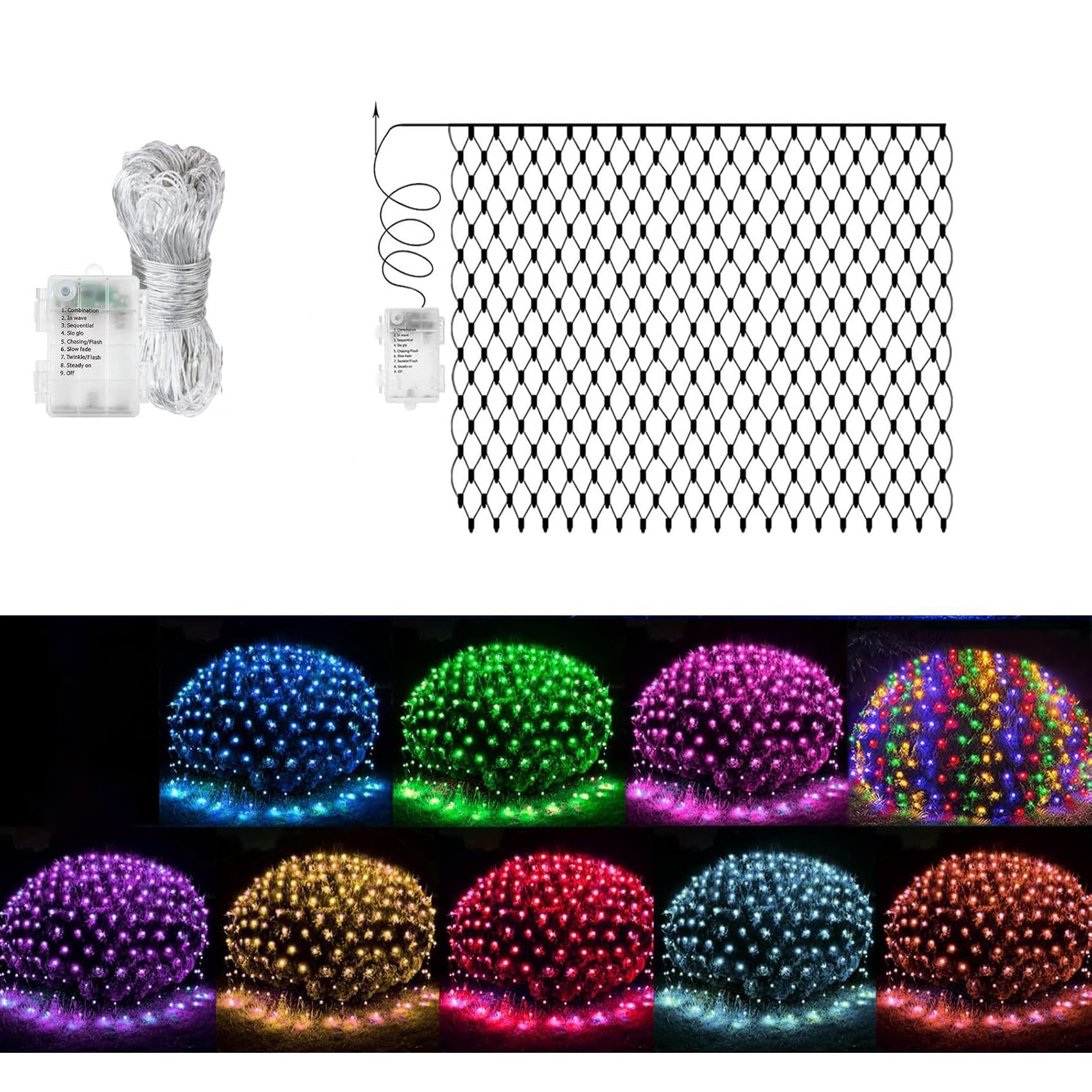 Rete luminosa da giardino, 672 LED a batteria, luci a rete impermeabili con 8 modalità, 6x4 m, per albero di Natale da esterno e interno, cespugli, cortile (Bianco caldo)