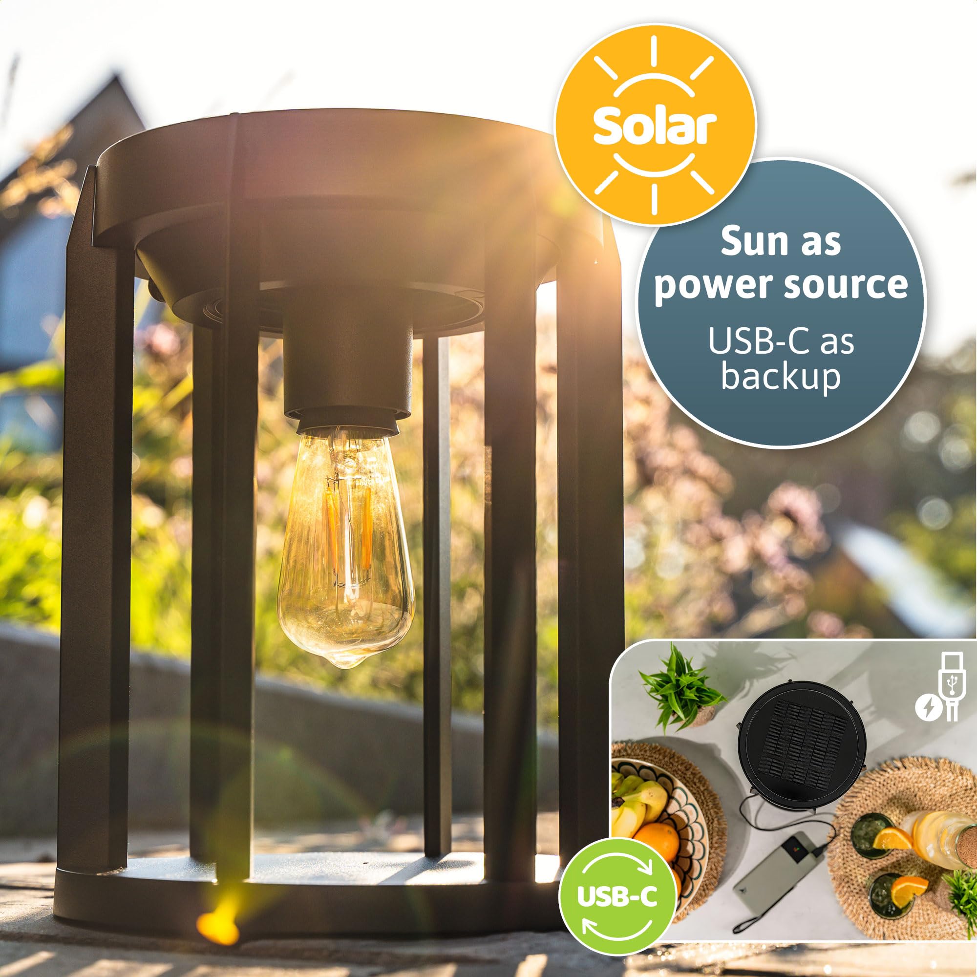 Brendz Solar Tischlampe Outdoor, 1000 Lumen, Warmweißes Licht, USB-C aufladbar, 3 Lichtstufen, bis zu 15 Stunden Leuchtdauer, LED Solar Laterne für draußen, Solarlaterne für Außen, Vela & Crux