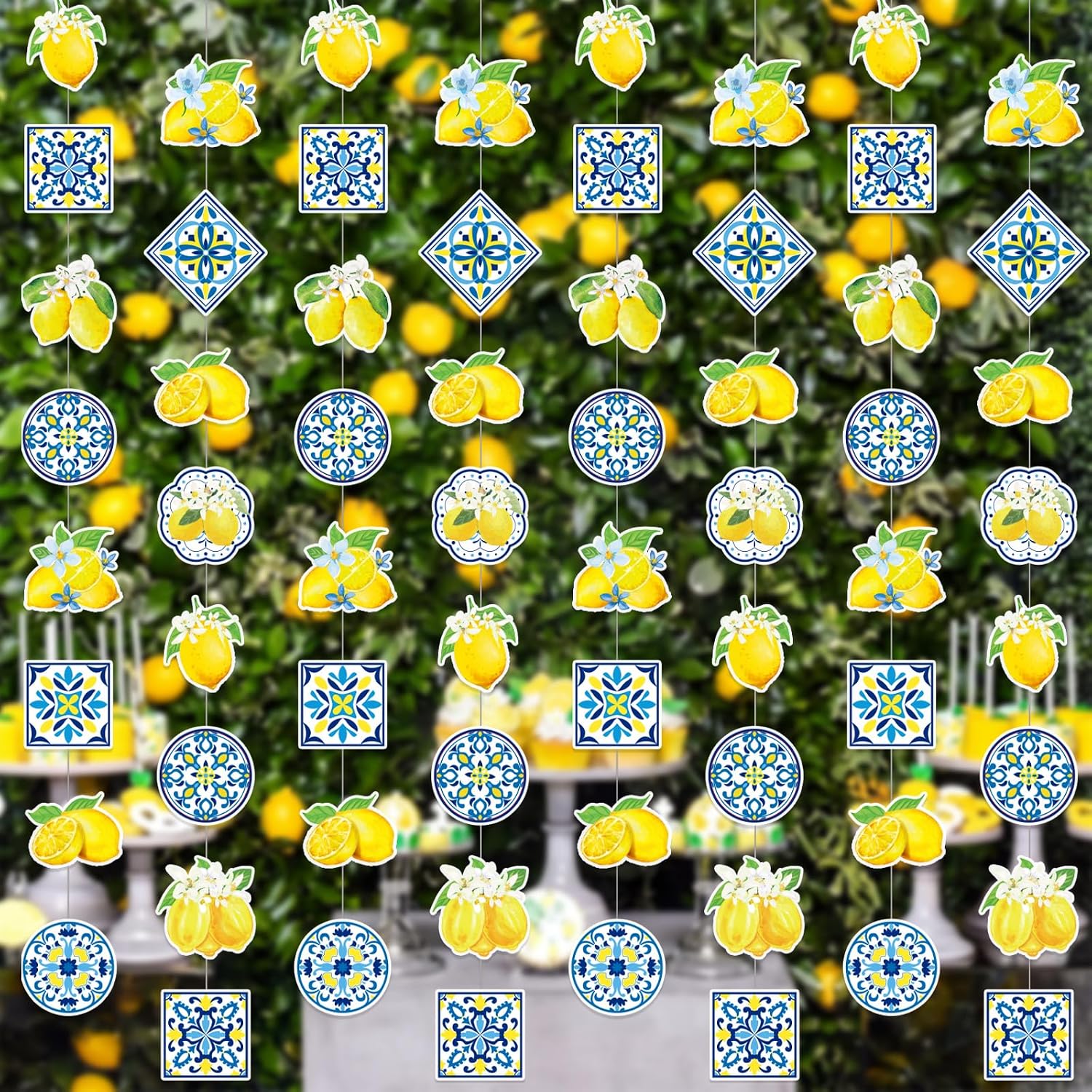 Capoda 8 Pcs Amalfi Coast Party Decor Capri Lemon Blue Tiles Paper Garlands Lemonade Hanging Garland Banners for Wedding Birthday Bridal Shower Bachelorette Party Decorations