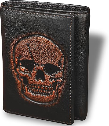 Skull Trifold Wallets for Men Full Grain Leather with Hand Burnished Tri-Fold Wallet RFID Blocking (Black and Brown: Style A)