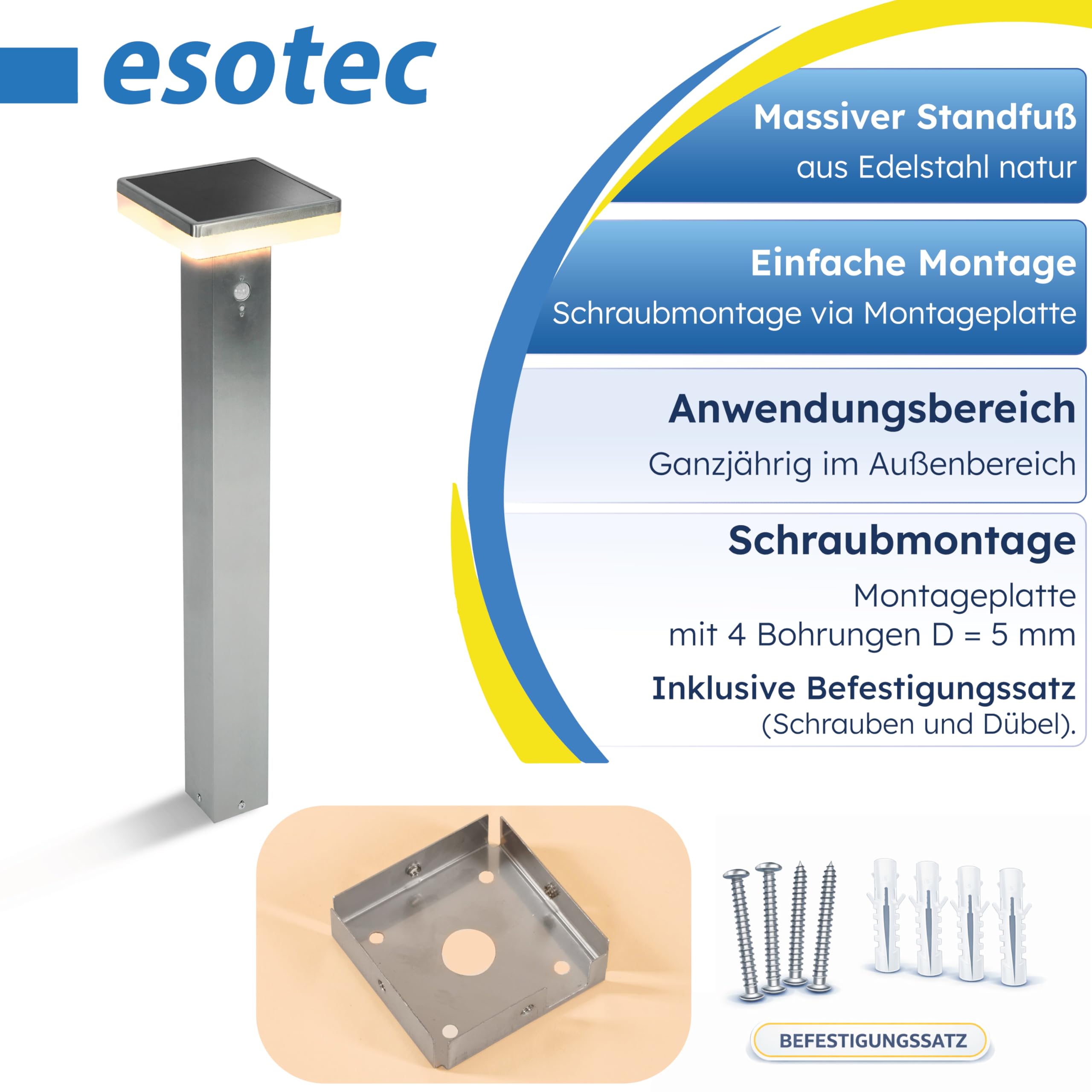 esotec Solar Standleuchte mit Bewegungsmelder Balou CCT, H=84cm Außenleuchte, 3 Lichtfarben, wechselbarer LiFePO4 Akku 102934