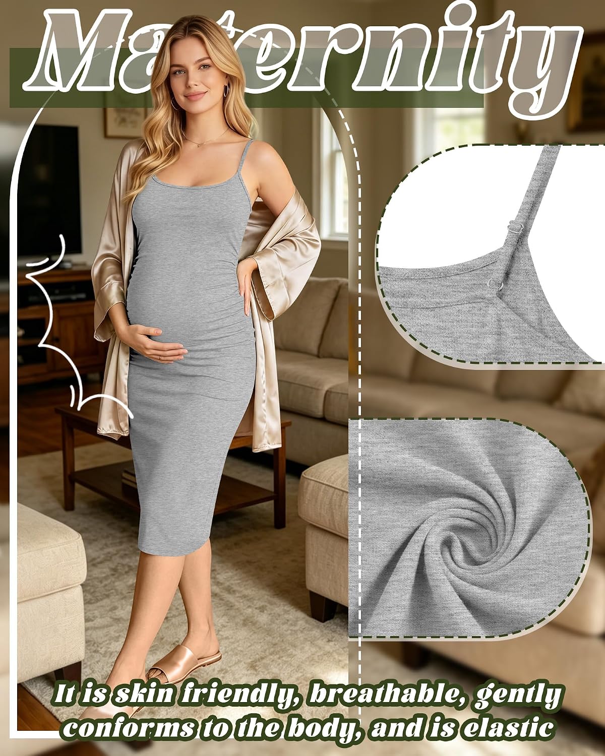 3 Pack Maternity Slip Dress Summer Sleeveless Cami Midi Dress Adjustable Spaghetti Straps Bodycon Pregnancy Clothes