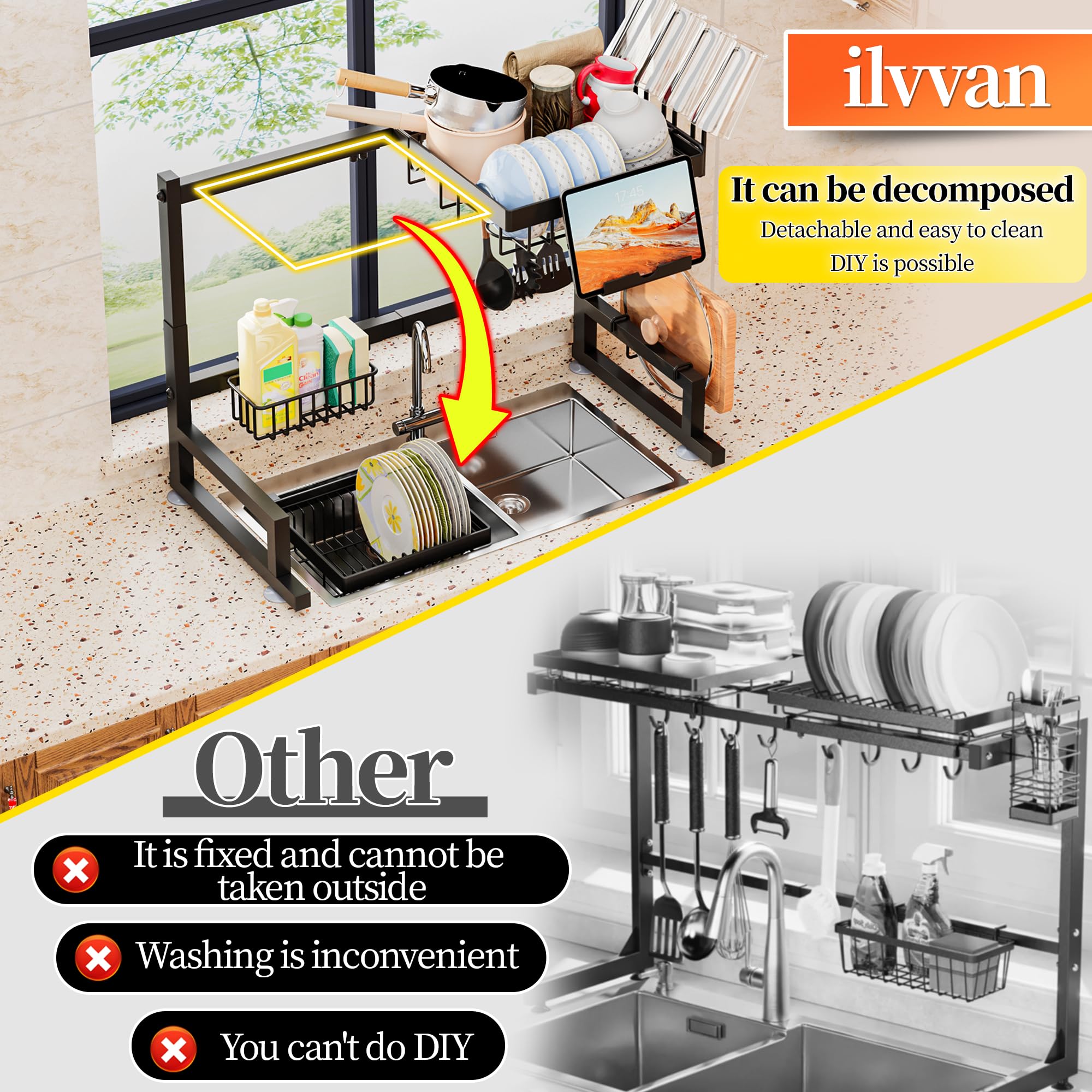 ilvvan Over Sink Dish Drying Rack (Expandable Height/Length) Snap-On Design Large Dish Drainer Storage Counter Organizer: 24" - 35.5"(L) x 12"(W) x 19" - 22"(H)