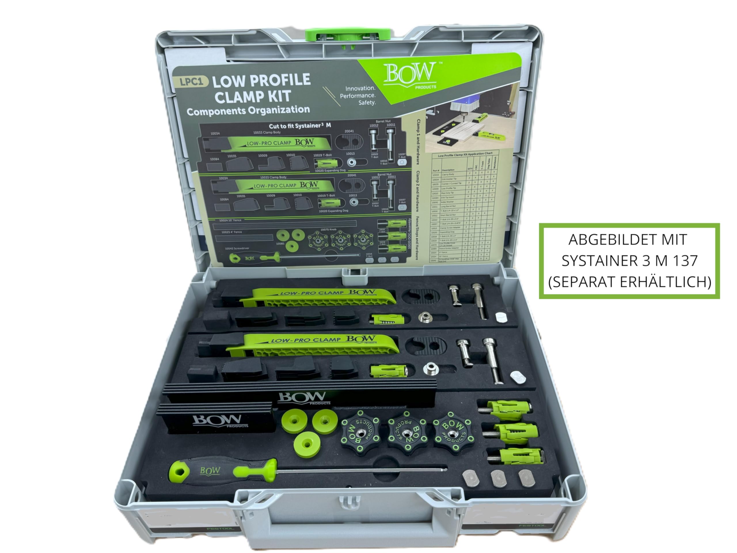 BOW Products Low Profile Clamping Kit - Spannsystem für CNC Maschinen, MFT-Tische, Lochplattentische, T-Track-Tische und Werkbänke - Mit Niederzugspannern, Anschlägen, Wechselspitzen & Zubehör