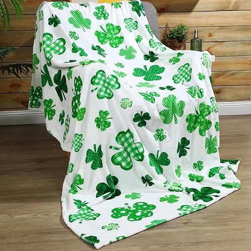 Manta para el día de San Patricio manta de franela suave de trébol de la suerte suave cálida acogedora ligera decorativa para sofá cama sofá viajes