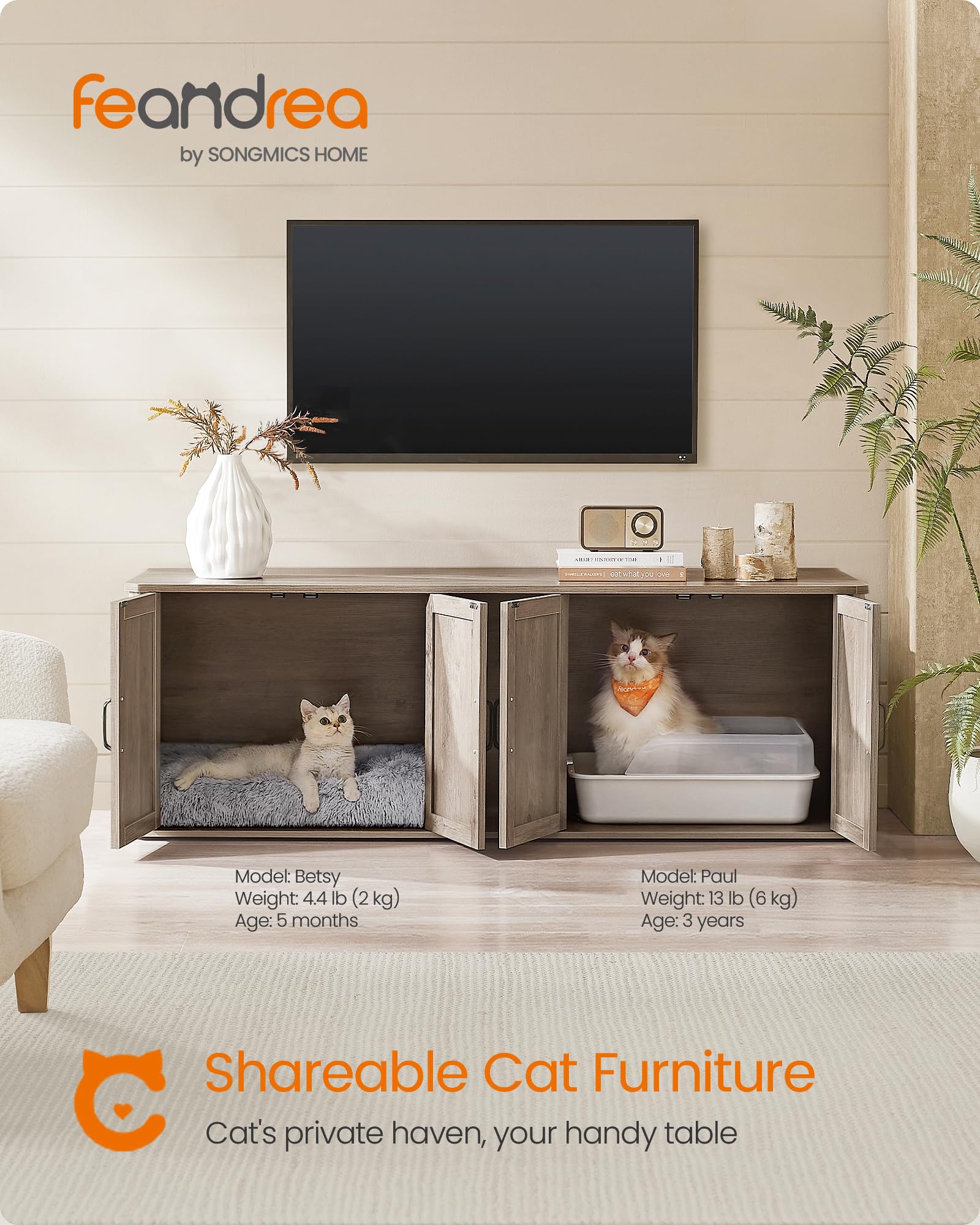 Condition photo showing New/Like New for feandrea double cat litter box enclosure, modern litter box furniture hidden for 2 cats, front entry, cat house, side end table, tv stand, 59 x 19 x 19.5 inches, heather griege upcl010g01
