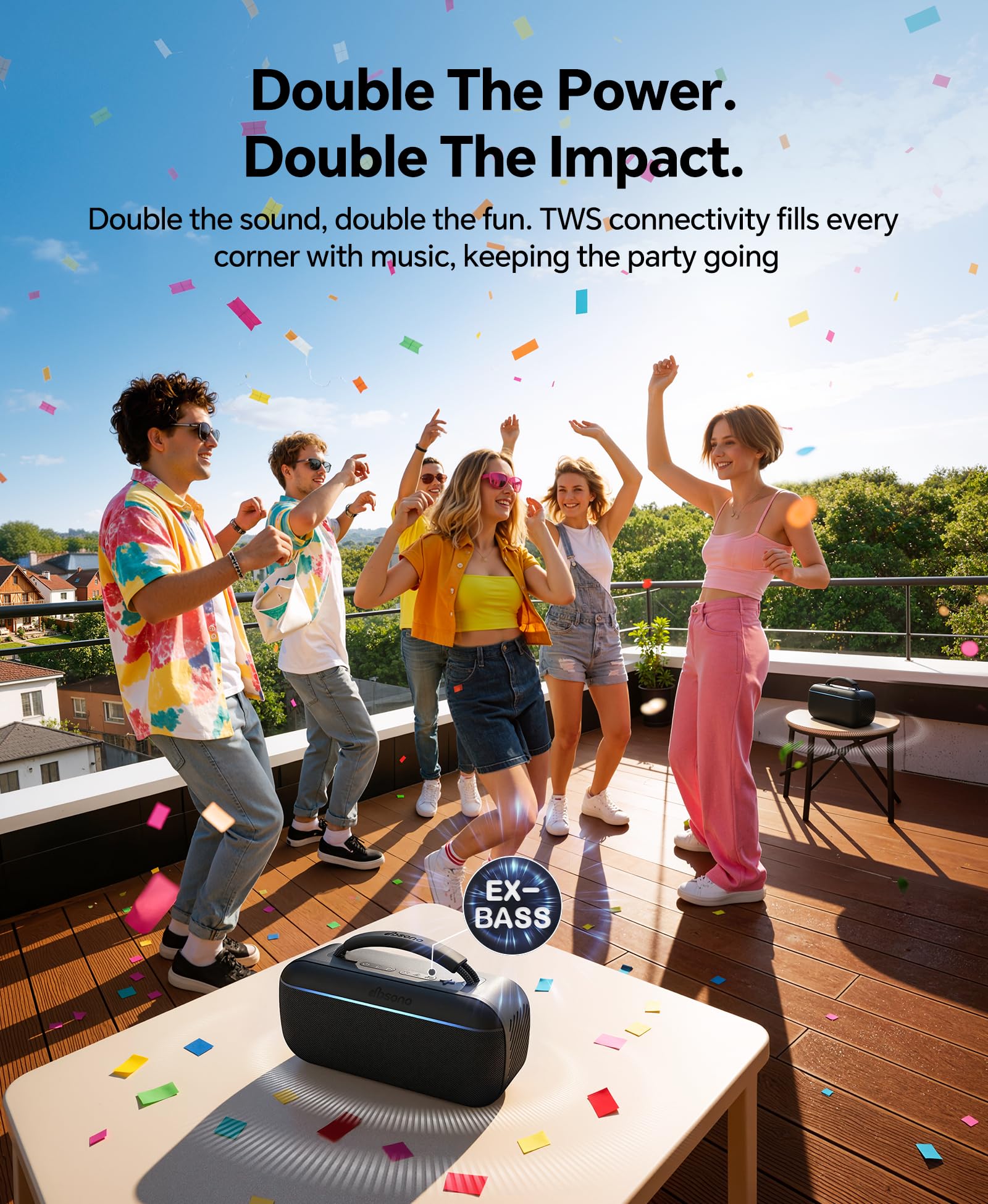 dbsono Portable Bluetooth Speaker Wireless: 60W SoundPulse 2.0 with BassBoost, Loud Party Speakers, Unlimited Pairing, TWS for Outdoor & Indoor, Beach Vacation Essential, Black — view 6