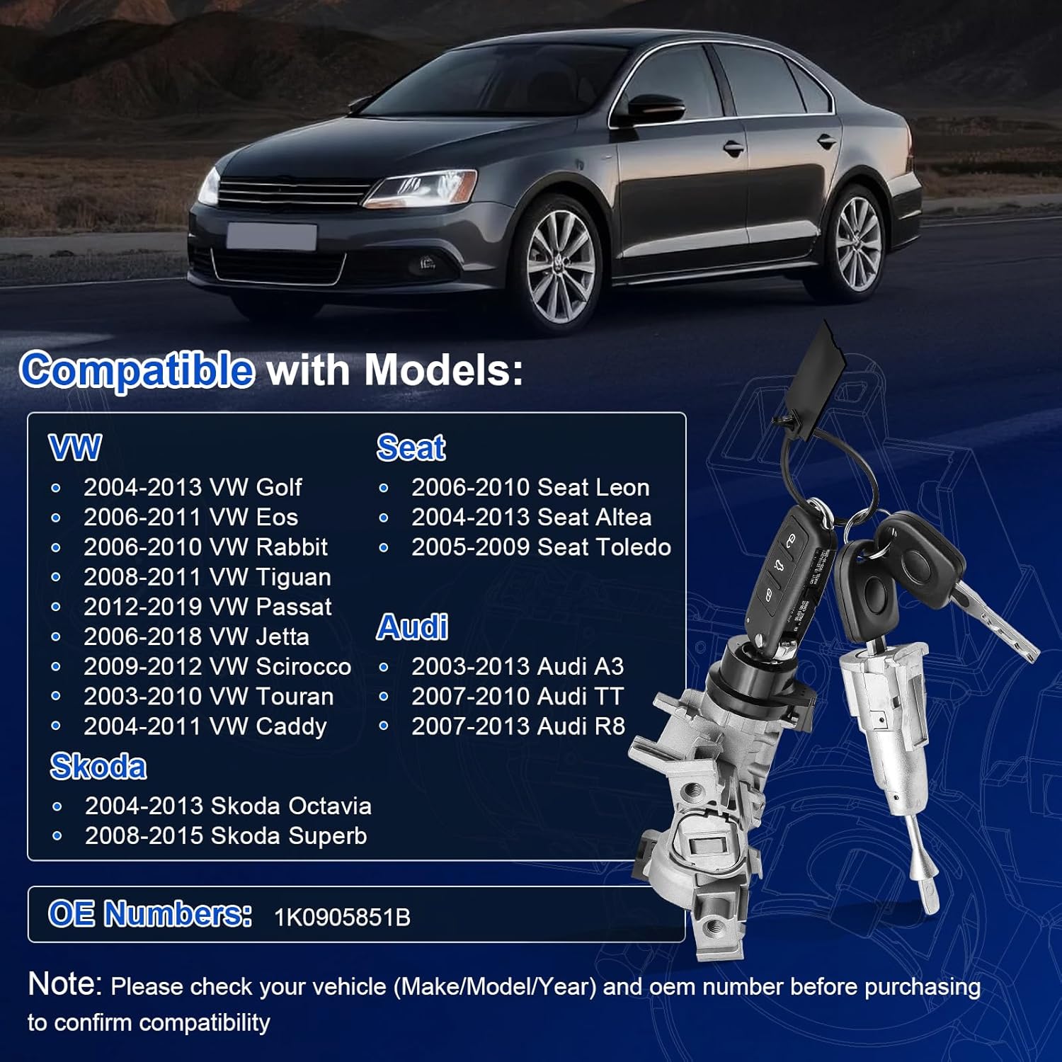 Ignition Assembly - Lock Cylinder Switch & Cylinder Housing & Door Lock Cylinder & Intelligent Remote Control Keys for VW Golf Eos Rabbit Tiguan Passat Jetta, Audi A3 TT R8, Seat Skoda, OE 1K0905851B