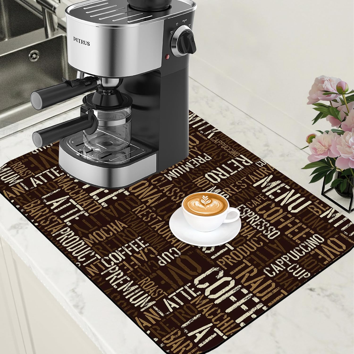 Vintage Coffee Cup Coffee Mat Absorbent Dish Drying Mat for Kitchen Counter Hide Stain Rubber Backed Coffee Bar Accessories Fit Under Coffee Maker Coffee Pot Espresso Machine, 15.7 x 23.6 Inch