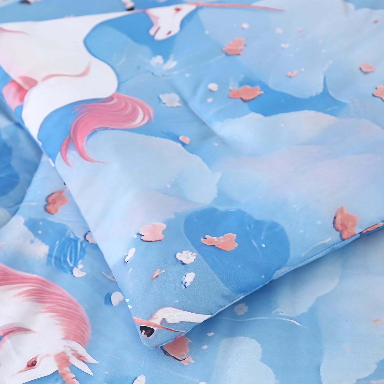 MAG Unicorn Queen Comforter Set, 3Pcs Blue Microfiber Kids Bedding Set, All Season Cute Unicorn Bed Set with 1 Comforter + 2 Pillowcases, Breathable Wrinkle Resistant for Boys Girls Bedroom.