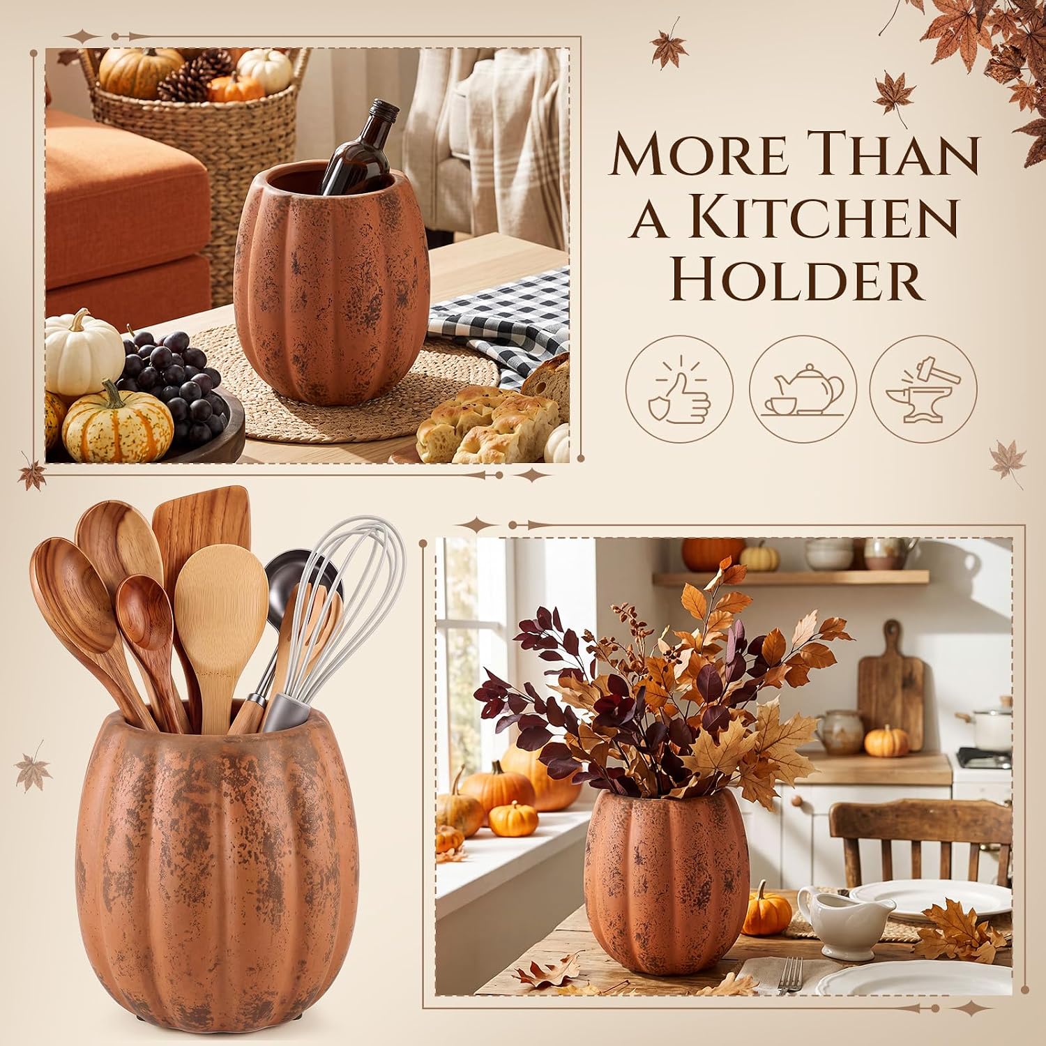 Hushee Fall Pumpkin Ceramic Utensil Holder, Minimalist, Terracotta