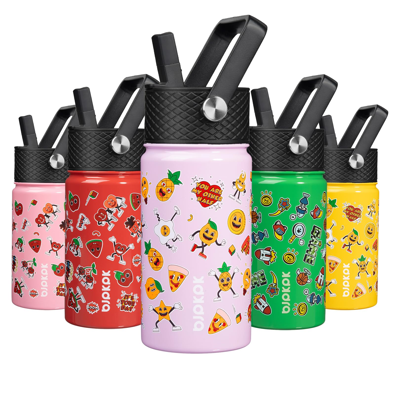 BJPKPK Insulated Water Bottle with Straw Lid, 15 oz Stainless Steel Metal Water Bottles, Reusable Leak Proof BPA Free Water Bottles, Cups, Thermo, Hawaii Fruits-Purple