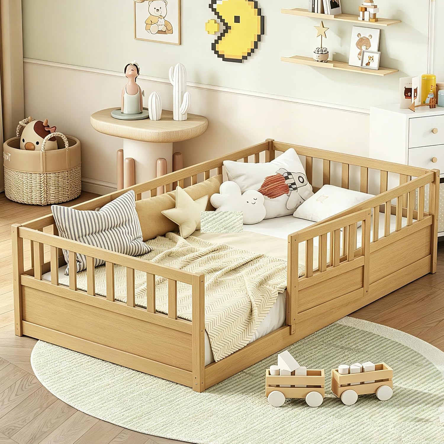 Bellemave Twin Size Floor Bed with Fence and Door, Twin Size Montessori Floor Bed with Rails, Easy Assemble Montessori Beds Frame for Bedroom, Natural