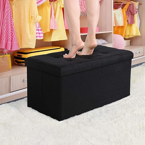 Miniatura 5 de WoneNice Banco otomano plegable de almacenamiento de 30 pulgadas, extra grande de tela de lino, reposapiés, baúl de almacenamiento para sala de