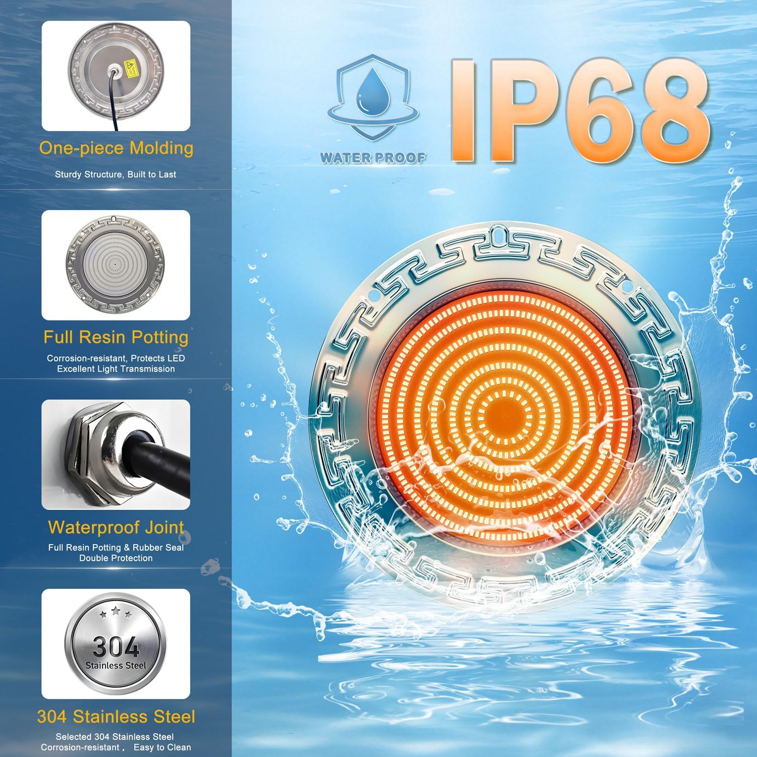10 Inch RGBW LED Pool Light for Inground Pools, IP68 Waterproof Underwater Light, 12V 60W, 3-Way Control (Controller/Remote/App), Fits 10" Wet Niches (10 Inch 50 Foot with Controller)