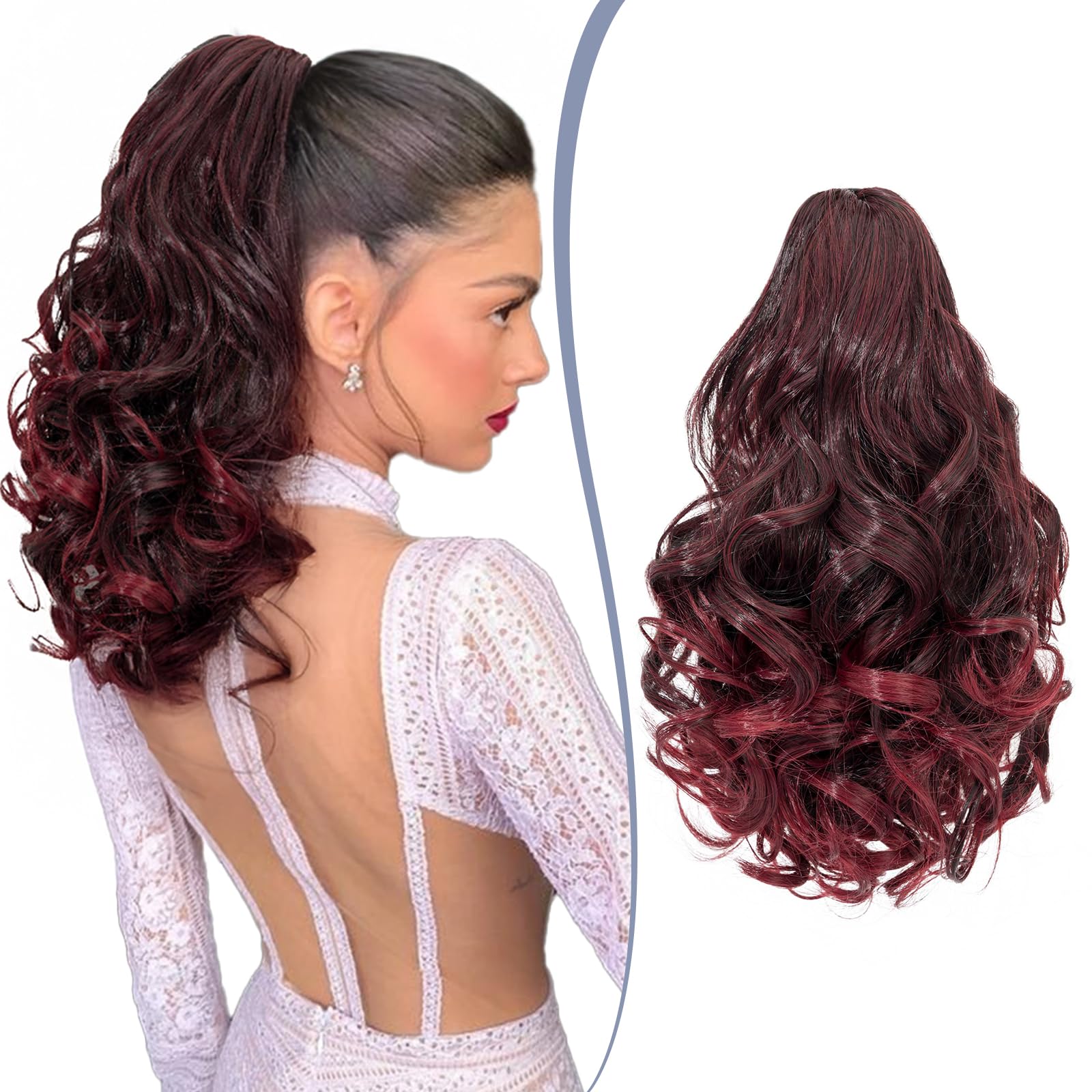 TESS Claw On Ponytail Extension Matte Material 14 Inch/37cm Curly Wavy Clip In Pony tail Synthetic Hairpiece, Burgundy Gradient