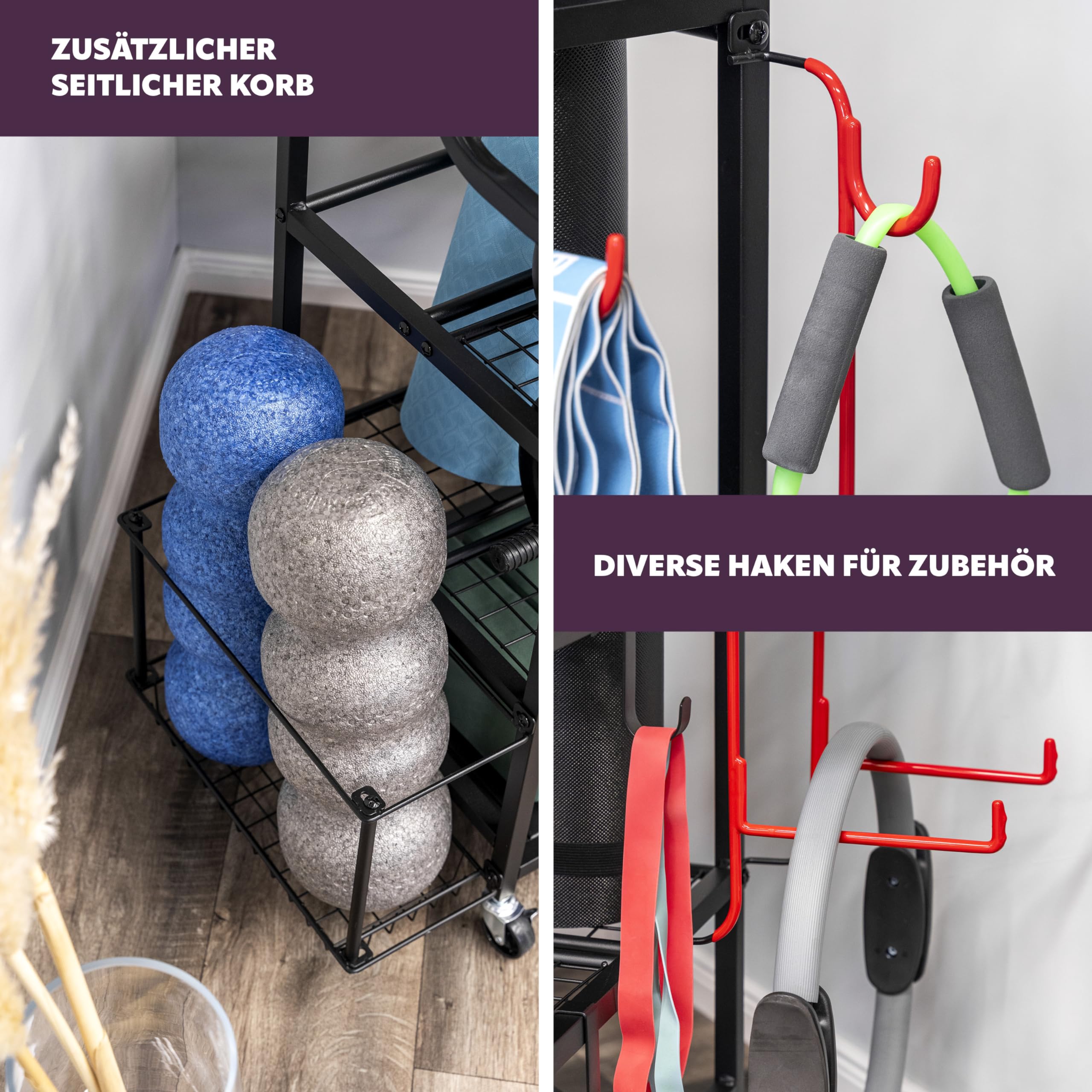 eluno Carrello portautensili da yoga con ripiani robusti, molti ganci e cestello laterale per kettlebell, rullo fasciale, manubri e accessori fitness in acciaio nero