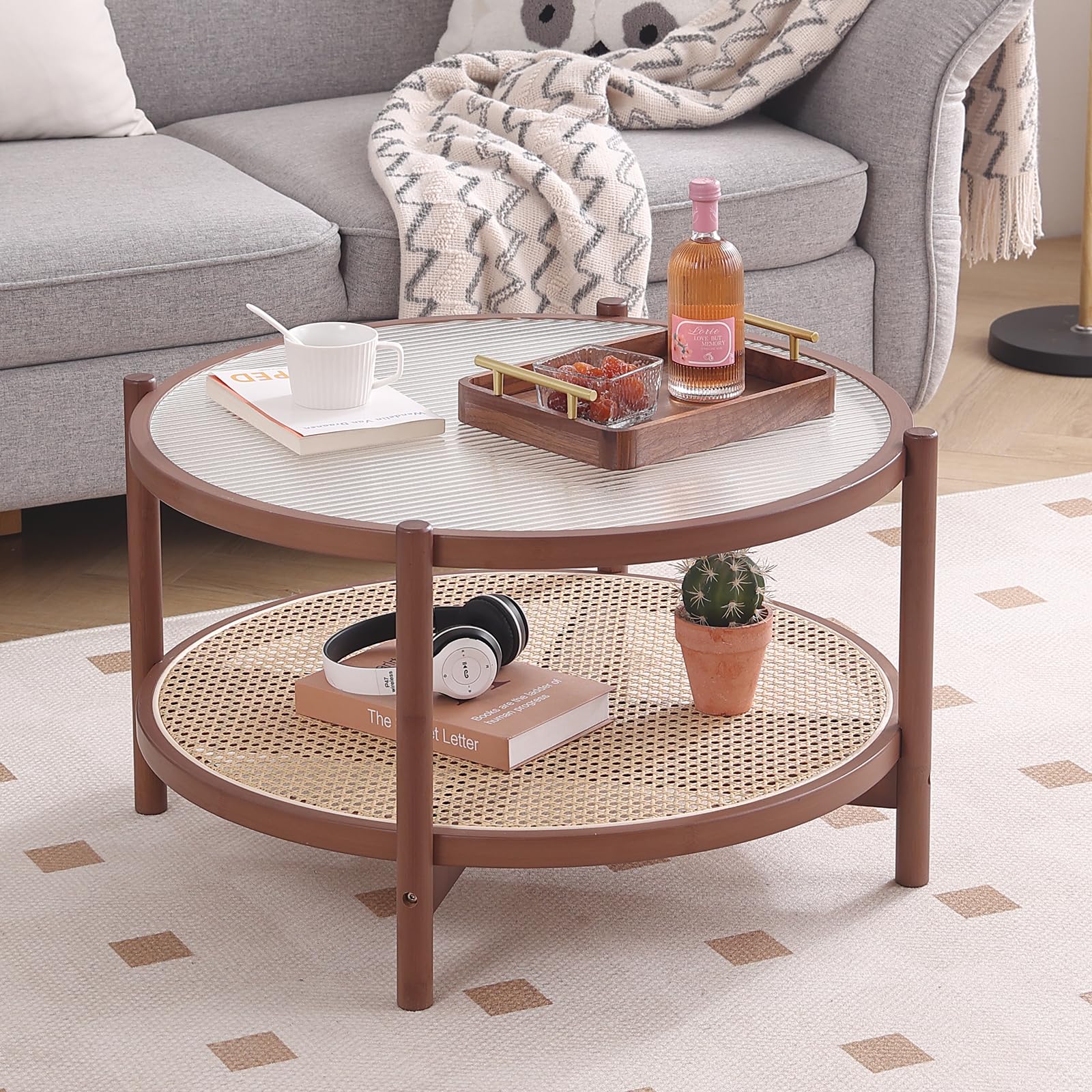 Photo 1 of (NON-REFUNDABLE) Tiita Rattan Coffee Table, Large Round End Table, 27.6 Inch Modern Side Table, Living Room Side Table