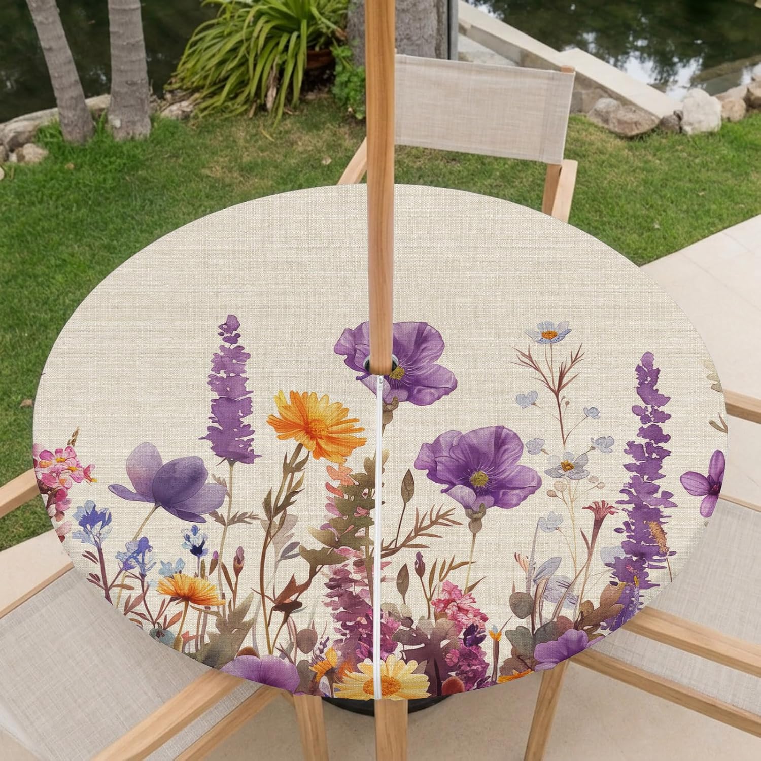Spring Floral Waterproof Outdoor Tablecloth with Umbrella Hole and Zipper,Round Fitted Table Covers with Elastic,Farmhouse Pastoral Summer Botanical Patio Table Cloth for Party Fits 45"-54" Tables