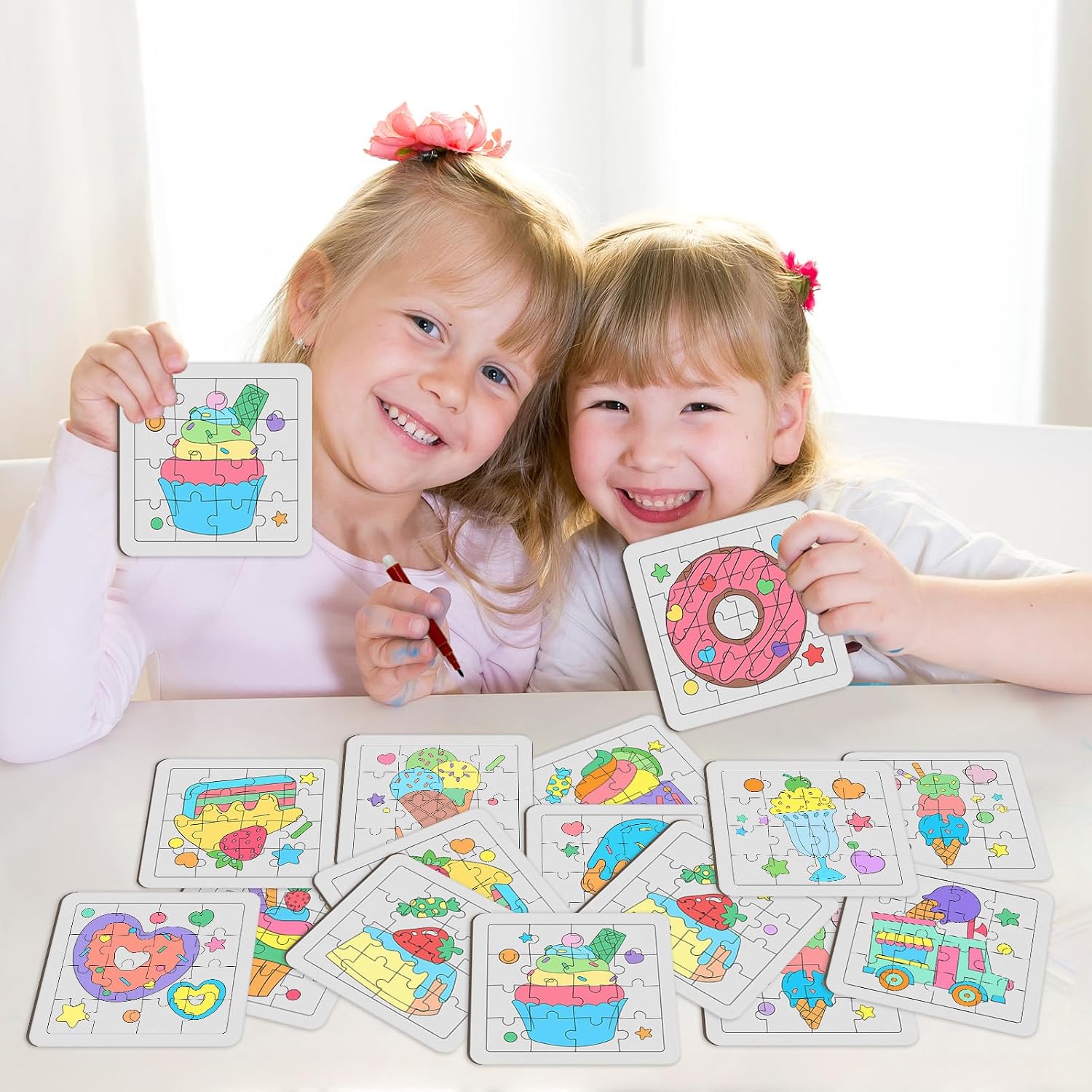 Cinrobiye 24 Pcs Ice Cream Coloring Puzzle Craft Kit for Kids, DIY Candy Donut Jigsaw Puzzles Bulk with 12 Designs, Sweet Treat Arts and Crafts for Birthday Party Favors, Classroom Rewards image 5