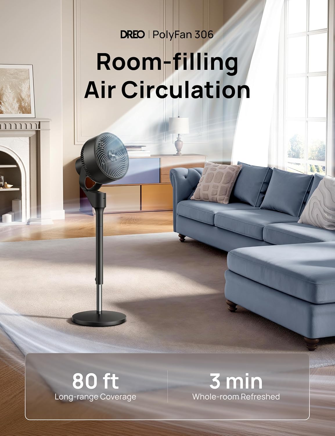 Dreo Fan for Bedroom, 80° Oscillating Standing Fan, 20dB Quiet, 80ft Pedestal Fans for Home Office, 90° Manual Vertical, 3 Speeds, Remote, 34-41" Adjustable Height, Air Circulator