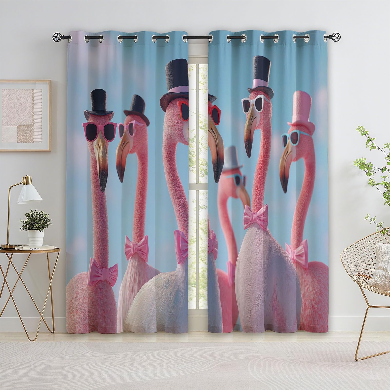 Rideau occultant anti lumiere et chaleur chambre enfant flamant rose bleu 2 pièces