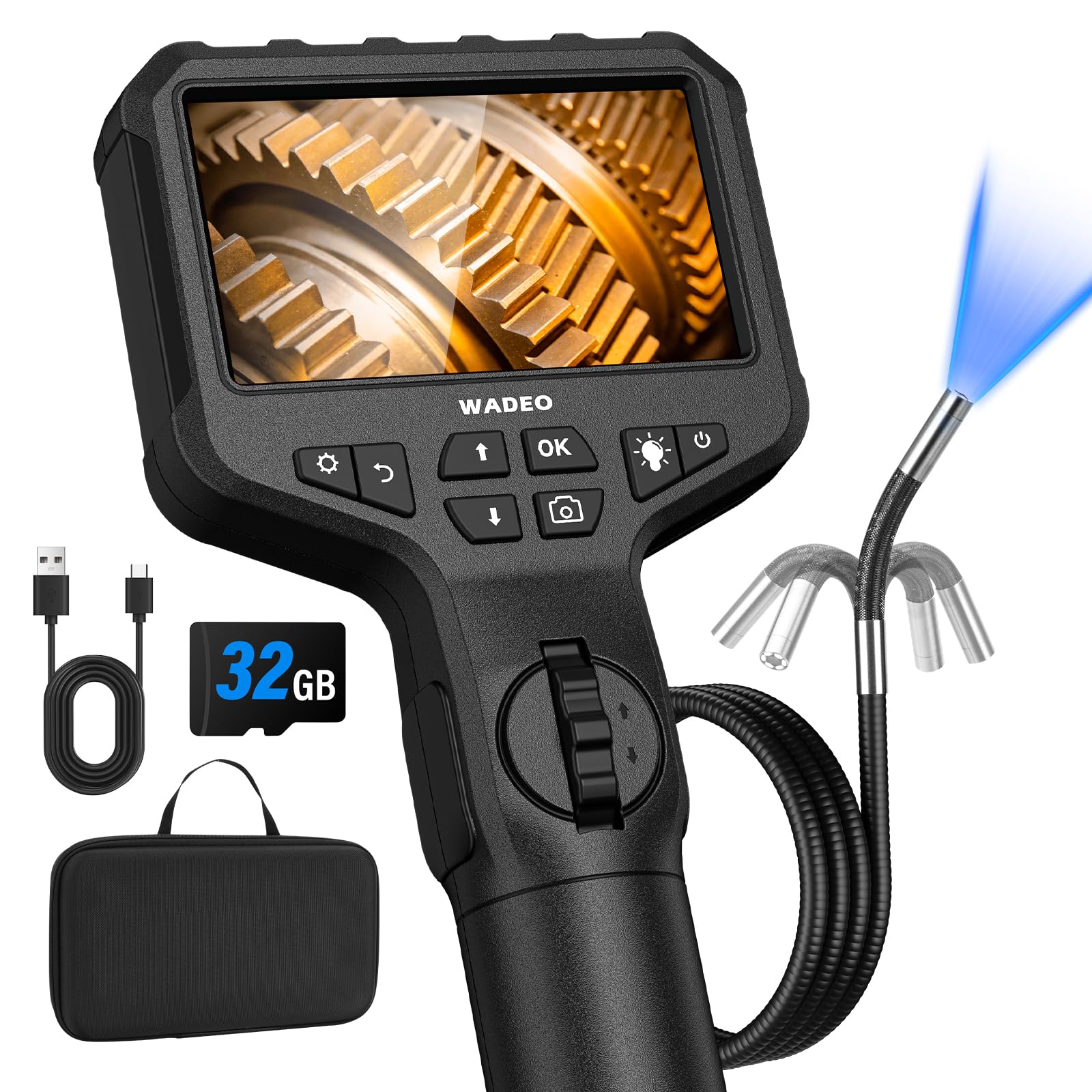 WADEO Cámara endoscópica giratoria con luz, cámara de inspección IPS de 4,3'' y 1920P, cámara Flexible Impermeable de 6,5 mm, cámara Tubular, cámara de inspección Digital HD