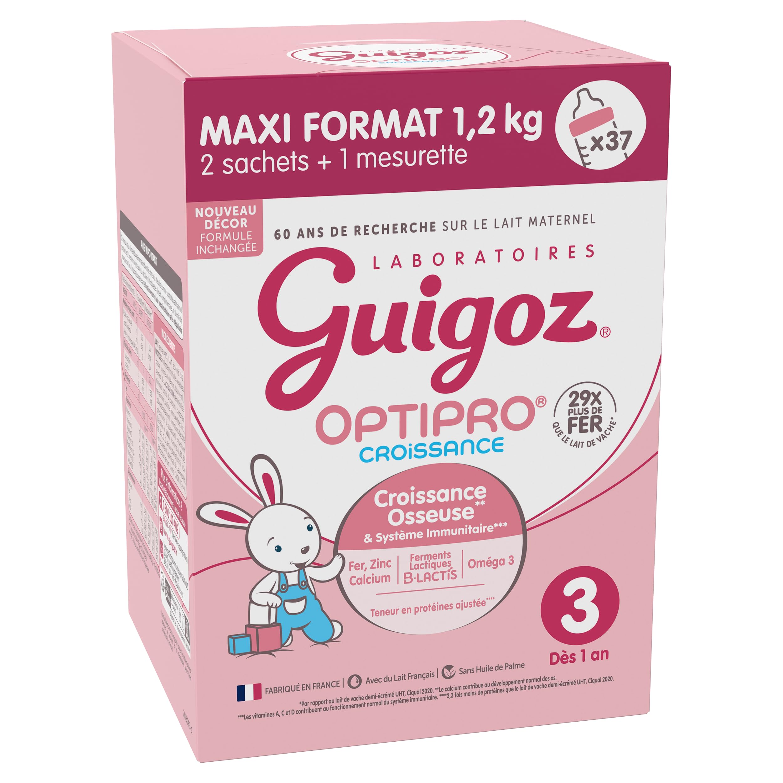 GUIGOZ CROISSANCE 3 OPTIPRO - DÈS 12 MOIS - Lait de croissance en poudre de 10 mois à 3 ans - BAG IN BOX (2 sachets de 600g)