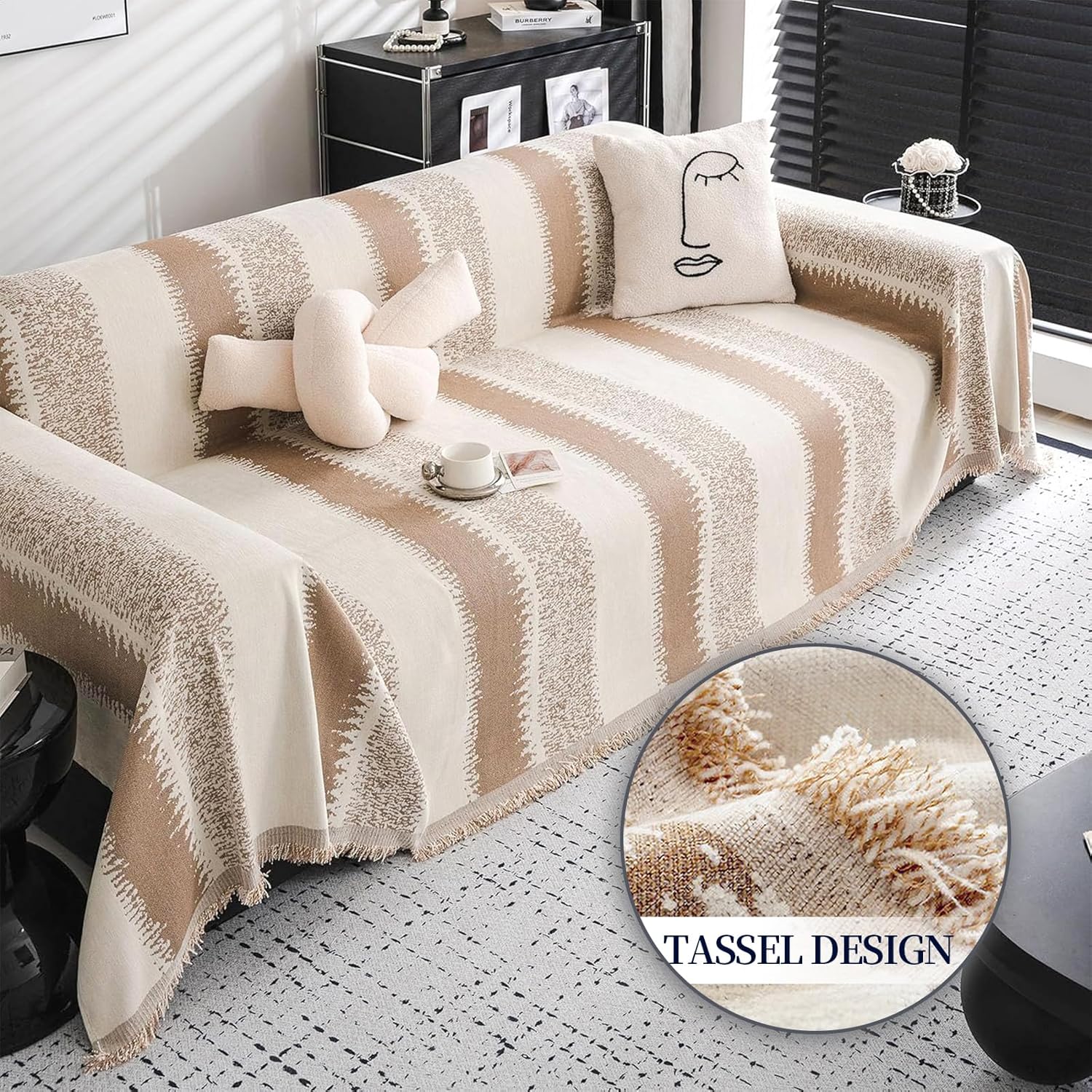 Boho Sofa Cover, Couch Cover for Dogs Chenille Washable Sofa Slipcover for 3-4 Cushion Couch Cover L Shaped Cover Sofa (Tassel:Khaki, X-Large 71''*134'')