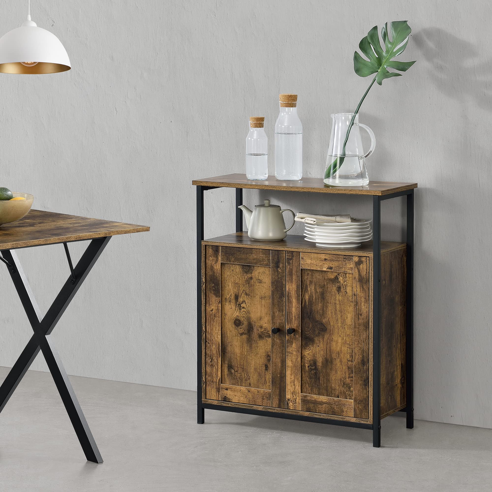 [en.casa] Comò/Credenza (AxLaxP) 79 x 60 x 30 cm Mobile per Soggiorno/Cucina/Camera da Letto - Telaio Laterale in Ferro, Armadietto a 2 Ante e Ripiani - Effetto Legno Scuro