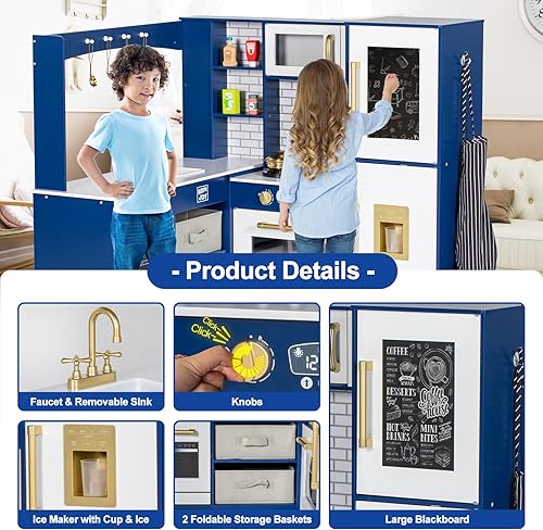 Miniatura 2 de Cocina de esquina para niños, juego de cocina de madera para niños pequeños con grifo, fregadero, microondas, horno, delantal, pizarra, gabinetes,