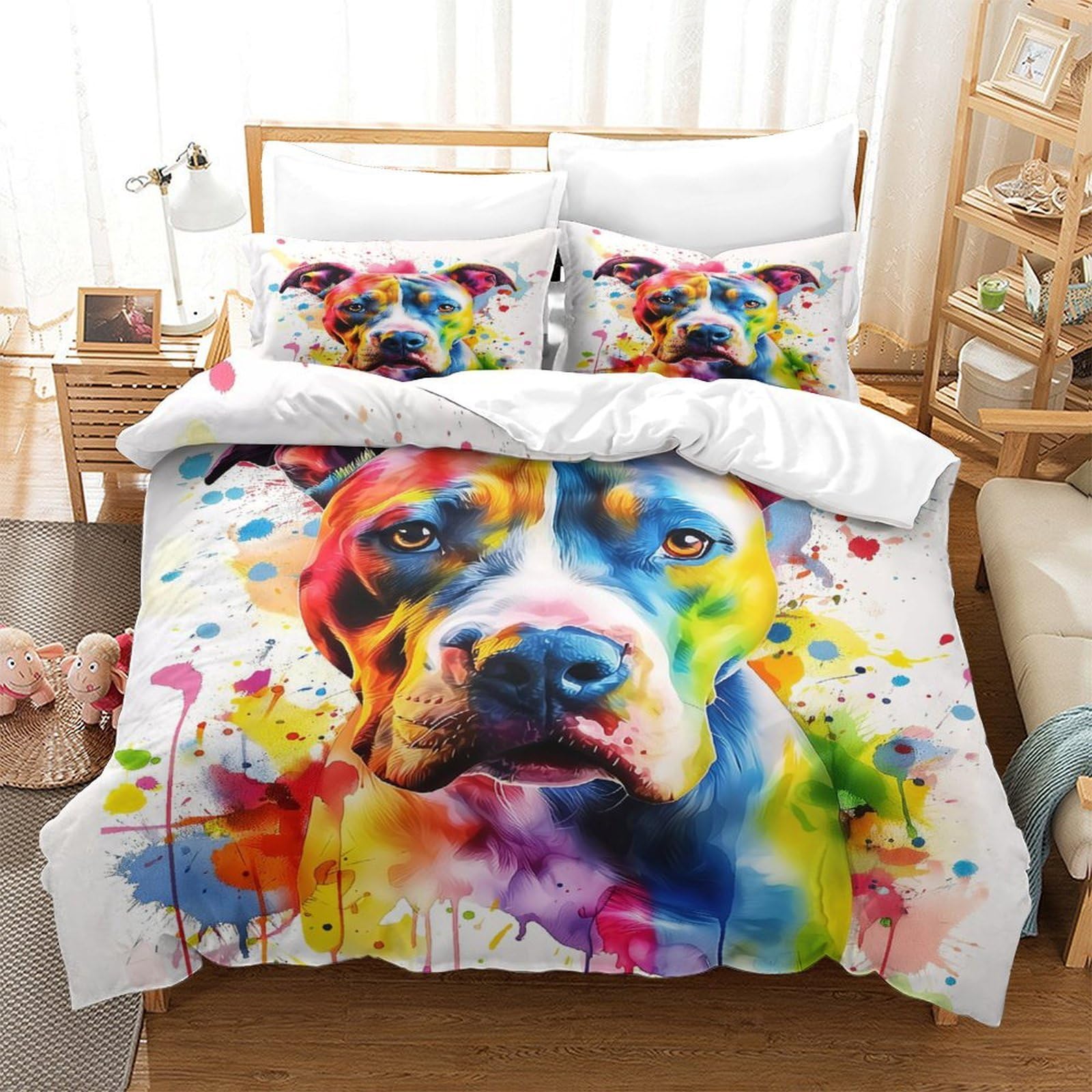 Colorful Hundeporträt 3-teiliges Reines Polyester Lebendige abstrakte Tierkunst Bettbezug, Versteckter Reißverschluss, Krippenbettwäsche, Babysicher & Pflegeleicht King（220x240cm）