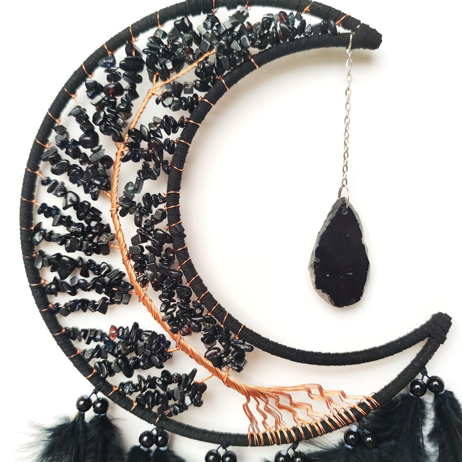 Donko Black Large Moon Dream Catcher Tree of Life Dream Catchers with Agate Pendant Handmade Feather Dreamcatcher Wall Hanging Ornament for Bedroom Living Room Home Decor - Image 3