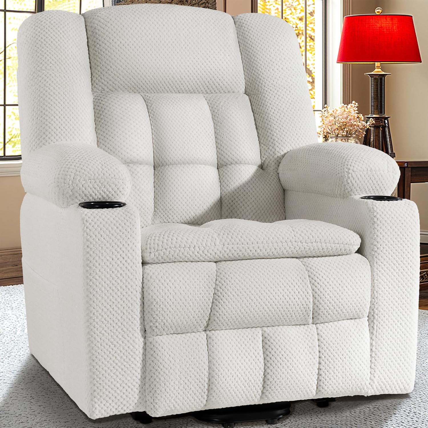 Triple Motor Large Power Lift Recliner Chair for Elderly, Plush Flannel, Infinite Position, 180 Degrees Lay Flat, Vibration Massage and Lumbar Heating, Adjustable Headrest (Triple Motor, Cream)