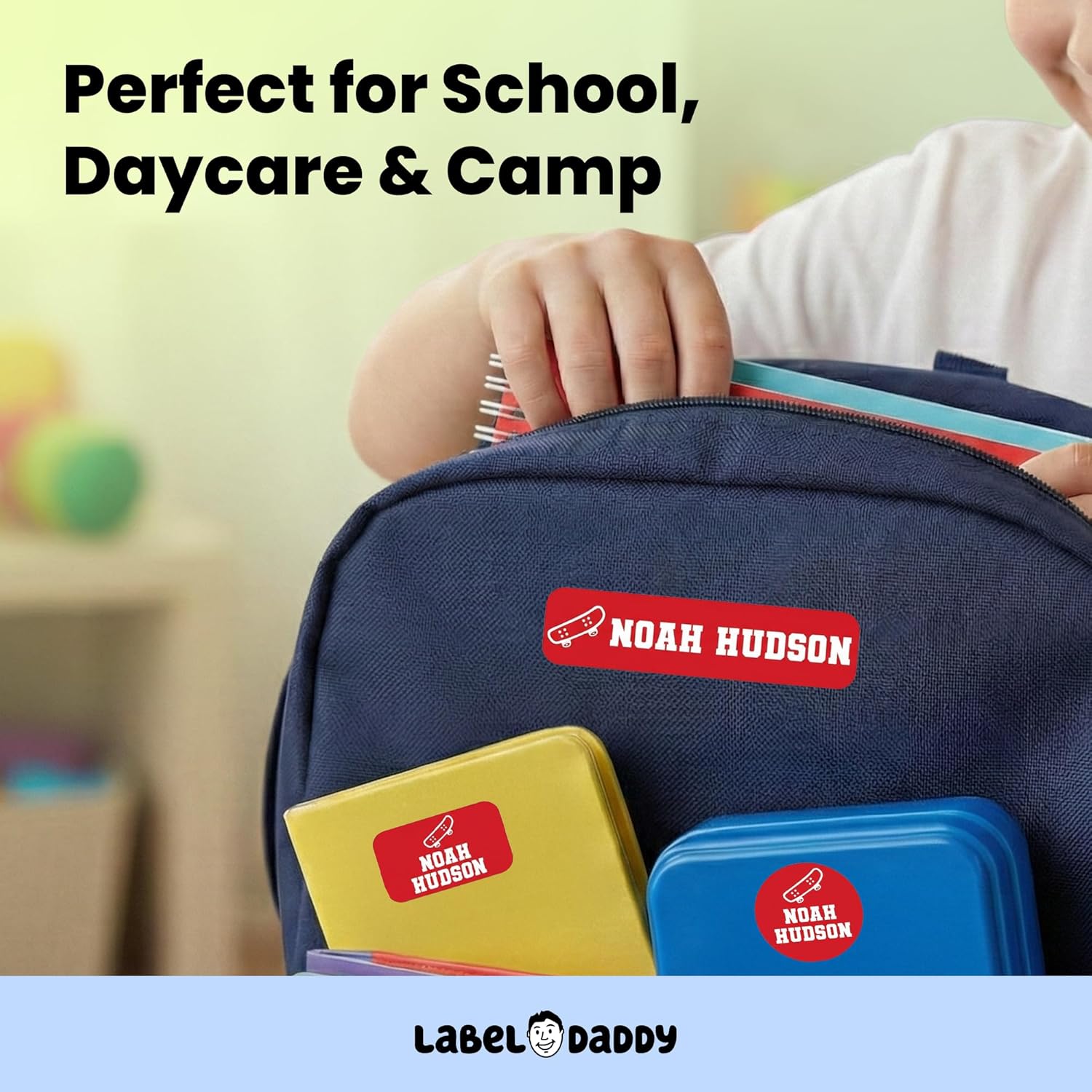 Label Daddy Personalized Name Labels Sports Theme - Waterproof, Durable & Safe for Kids Name Tags - for Shoes, Lunch Boxes, Jackets & More - Self-Adhesive, No Sew No Iron - 128 Ct - Skateboard Design