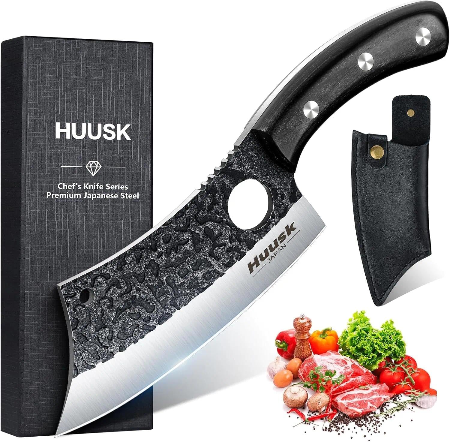 Huusk Knives Japan, Hand Forged Meat Cleaver Knife with Sheath, High Carbon Steel Kitchen Knife for Meat and Vegetables, Full Tang Butcher Knife for Camping, BBQ, Christmas Gift for Men and Women