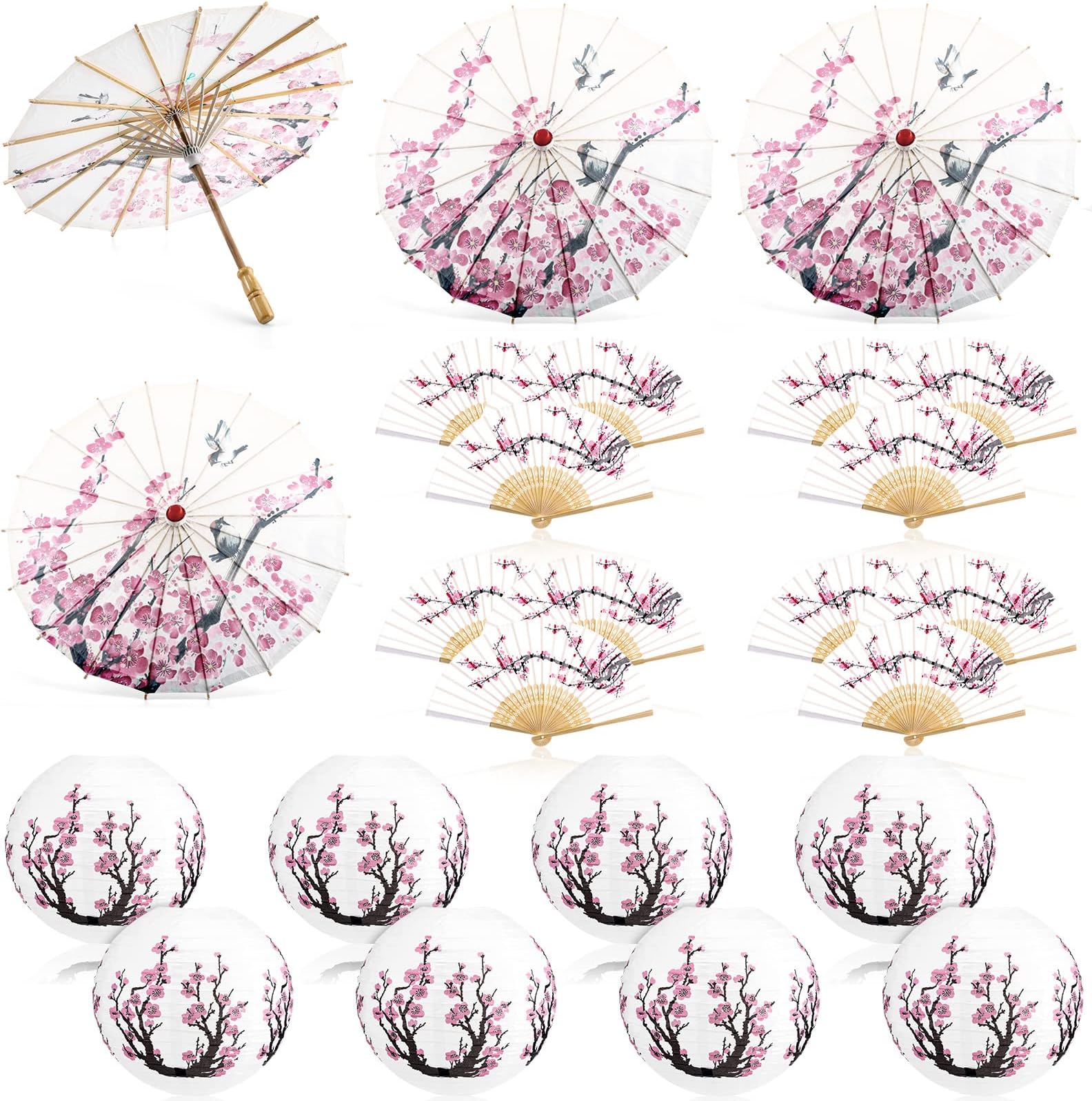 Roowest 24 Pcs Cherry Japanese Blossom Decor Set Chinese New Year Decorations 4 Oiled Paper Umbrella 8 Japanese Paper Lanterns Lamp and 12 Pink Silk Hand Folding Fans for Wedding Party Dancing Cosplay