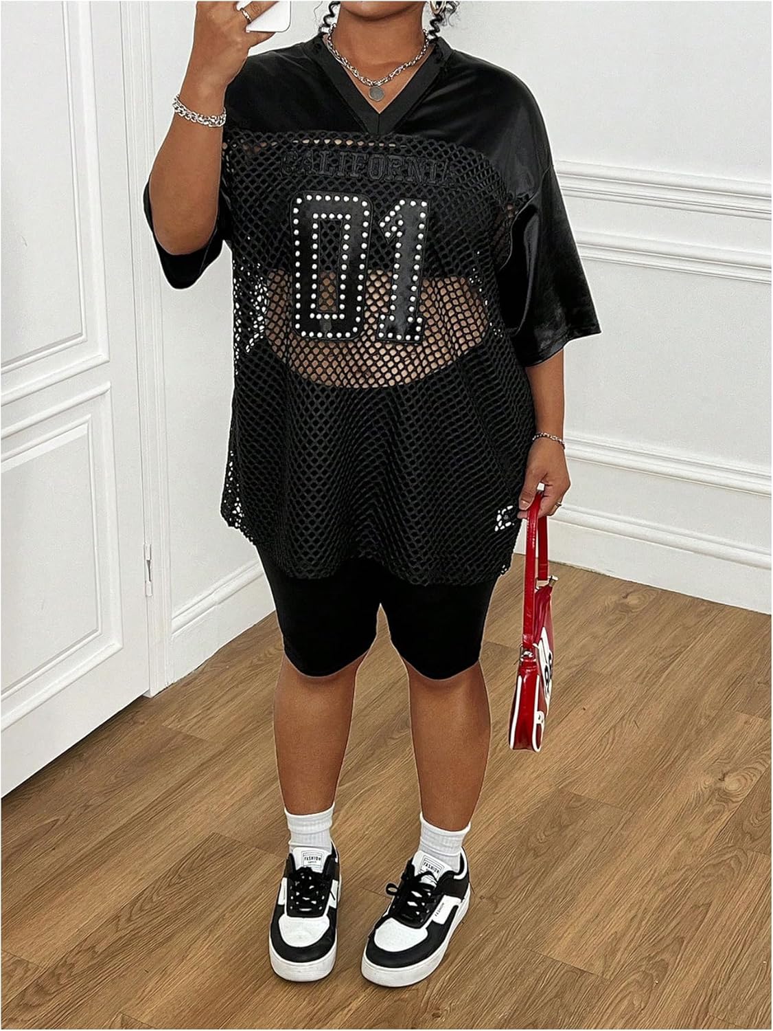 SOLY HUX Women's Plus Size Jersey Shirts Lace Sheer V Neck Half Sleeve Number Graphic Tees Casual T Shirt - Image 5