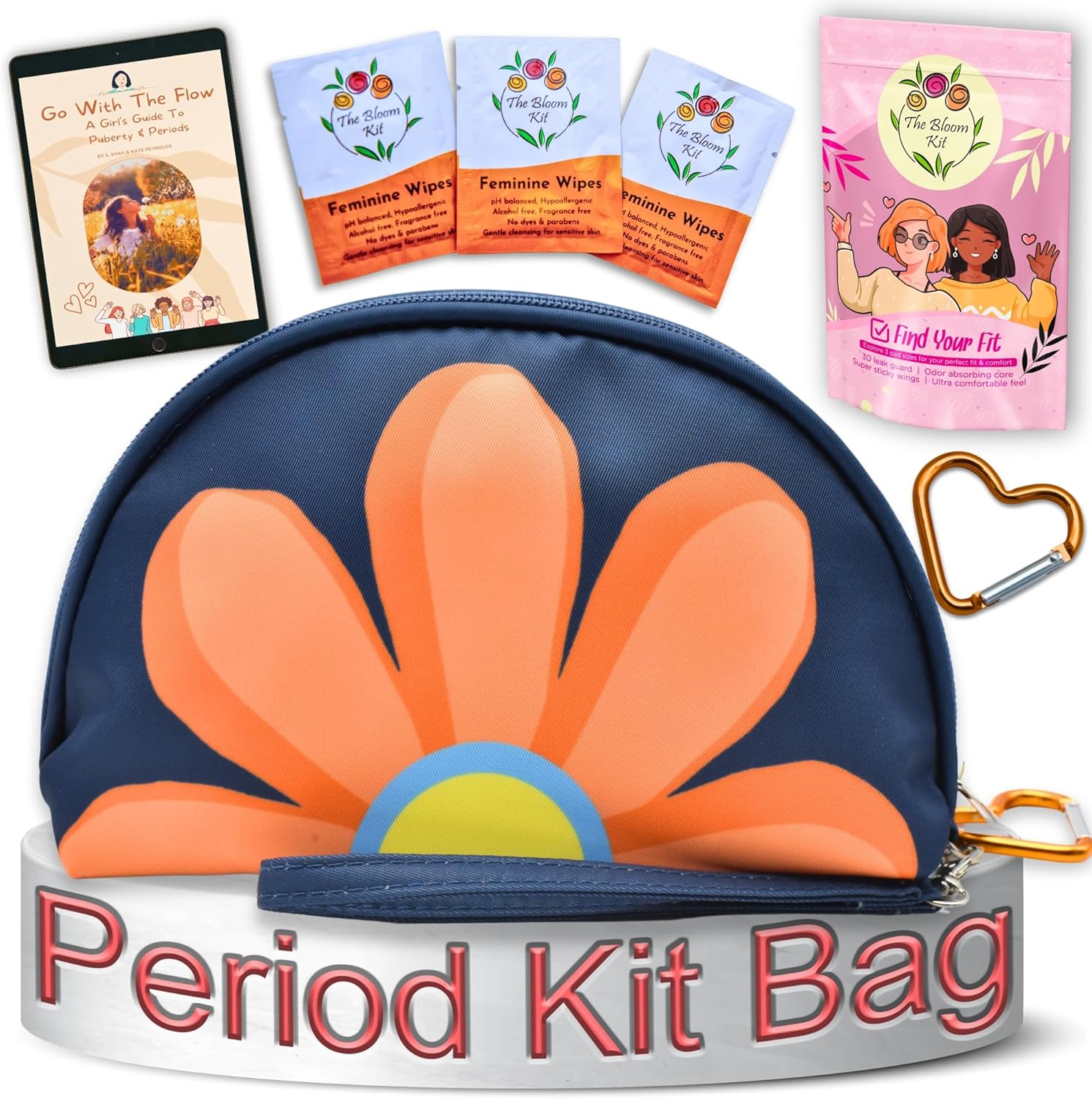 The Bloom First Period Kit for Girls 9-12 – 32 PC Tween Starter Kit with Cute Sanitary Napkin Storage Bag - Portable Waterproof Emergency Pad Pouch, (Blue & Green)