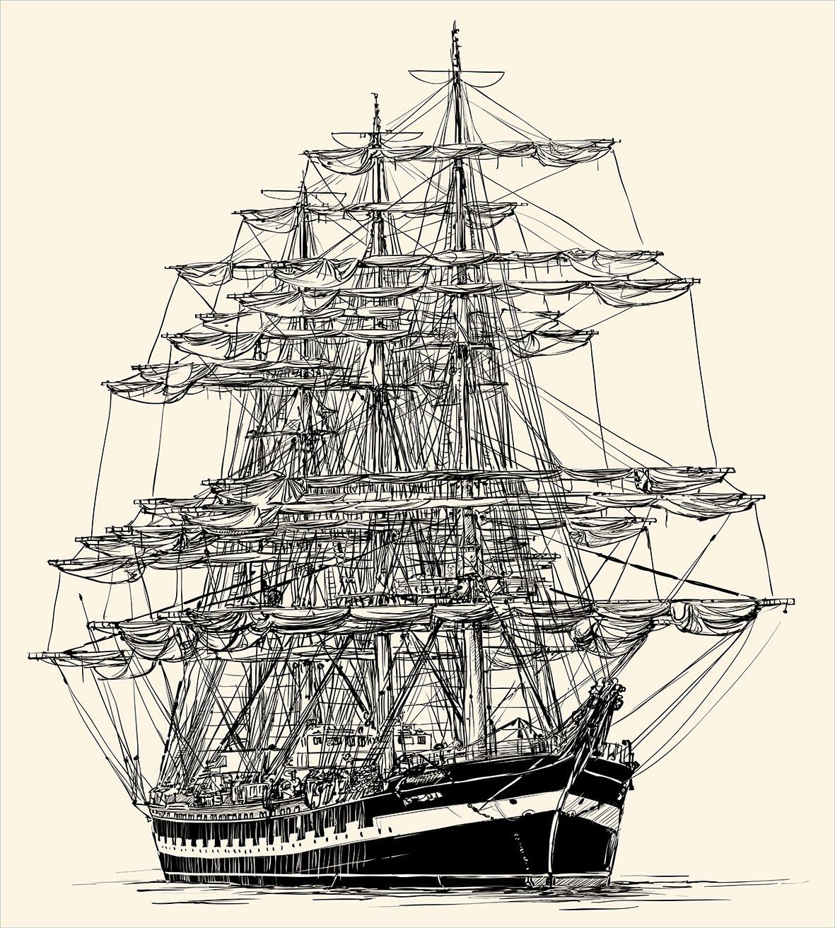 Ambesonne Pirate Ship Duvet Cover Set, Sailing Boat Detailed Illustration Nautical Maritime Theme Vintage Style Art, Decorative 3 Piece Bedding Set with 2 Pillow Shams, King Size, Cream Black