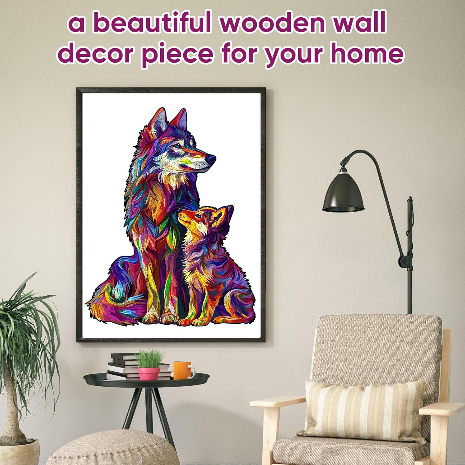 Reouinty Wooden Puzzles for Adult, Wolf Family Jigsaw Puzzles 200 Pieces, Unique Shaped Animal Wood Adult Puzzle, Best Gifts for Adults Family Games 9.8x12.6 in