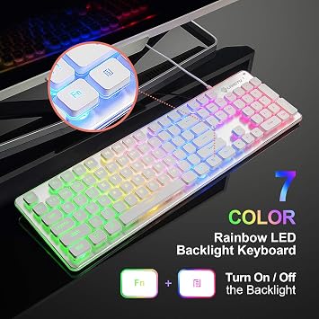 LANGTU Membran Oyun Klavyesi, Gökkuşağı LED Arkadan Aydınlatmalı Sessiz Klavye, Ofis için USB Kablolu Tamamen Metal Panel 25 Tuşlu Anti-Gölgelenme Bilgisayar Klavyesi 104 Tuşlu - L1 Beyaz/Gümüş