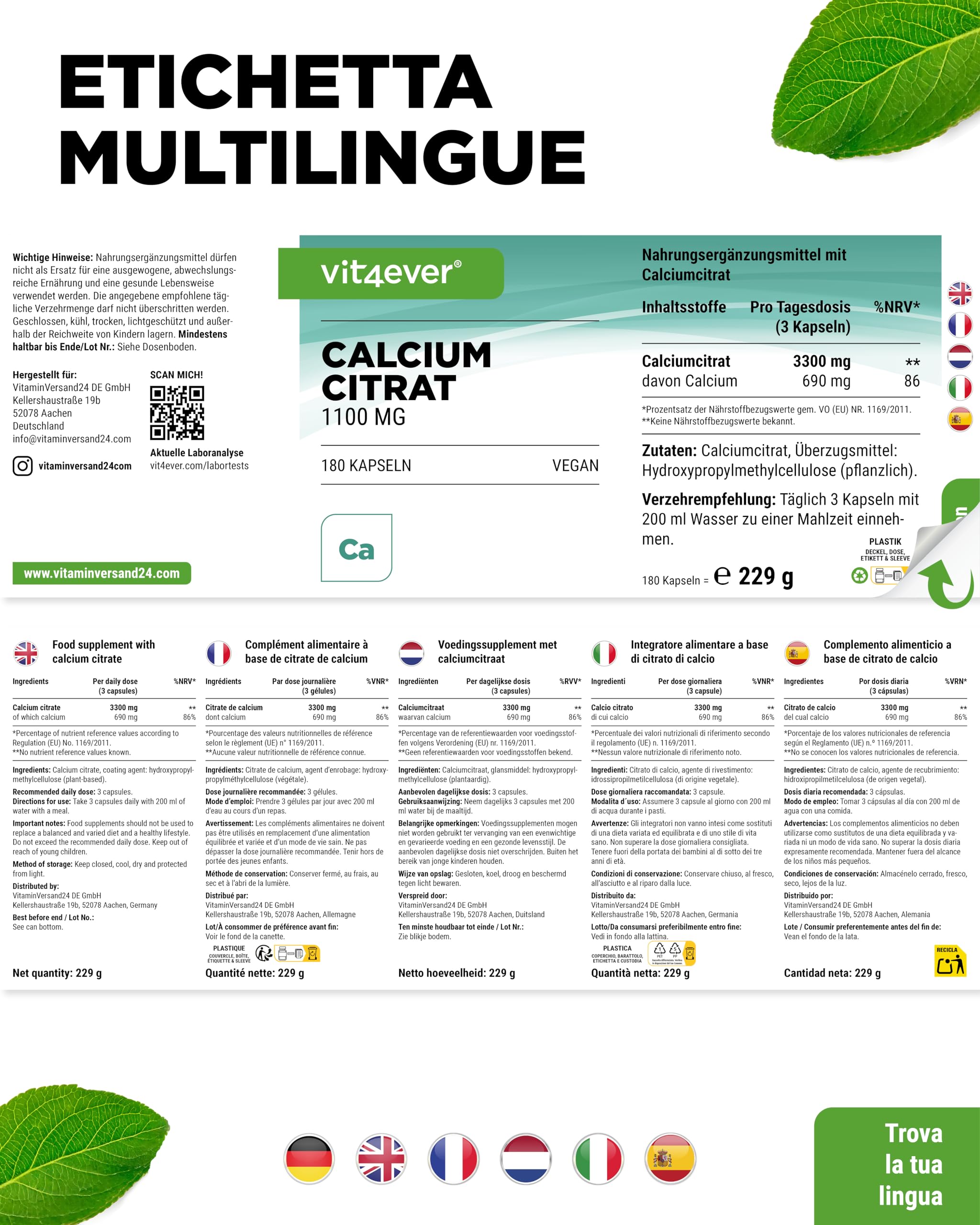 vit4ever Calcio Citrato - 180 Capsule - Alto Dosaggio con 1100 mg per Capsula - scorta per 2 mesi - Elevata Biodisponibilità - Calcio per Ossa, Denti e Metabolismo Energetico - Vegano