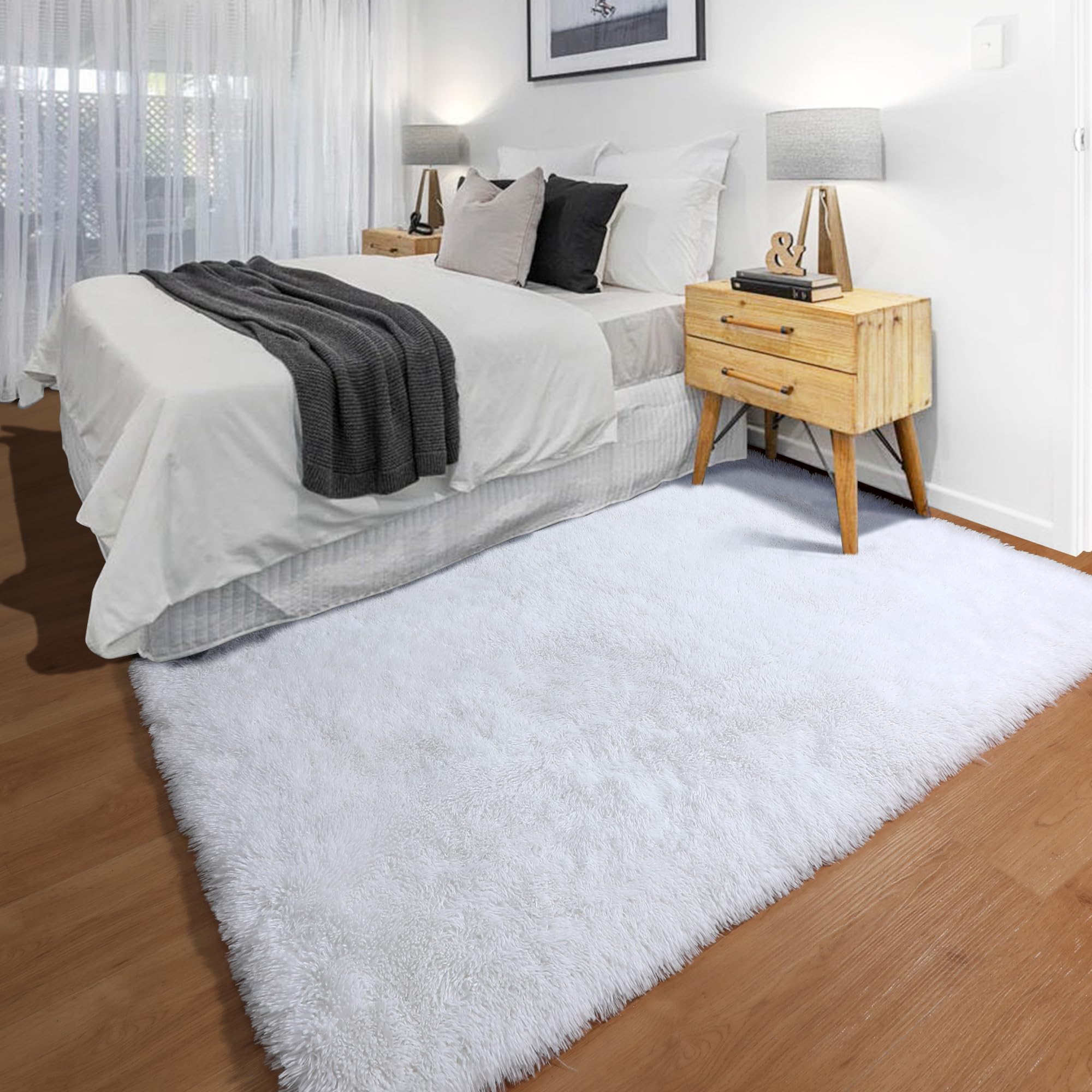 ONASAR Machine Washable White Area Rug for Bedroom Living Room, 4x6 Fluffy Luxury Indoor Bedside Faux Fur Floor Rugs, Ultra Soft Plush Carpet for Kids Girls Teen Dorm Home Office Decor