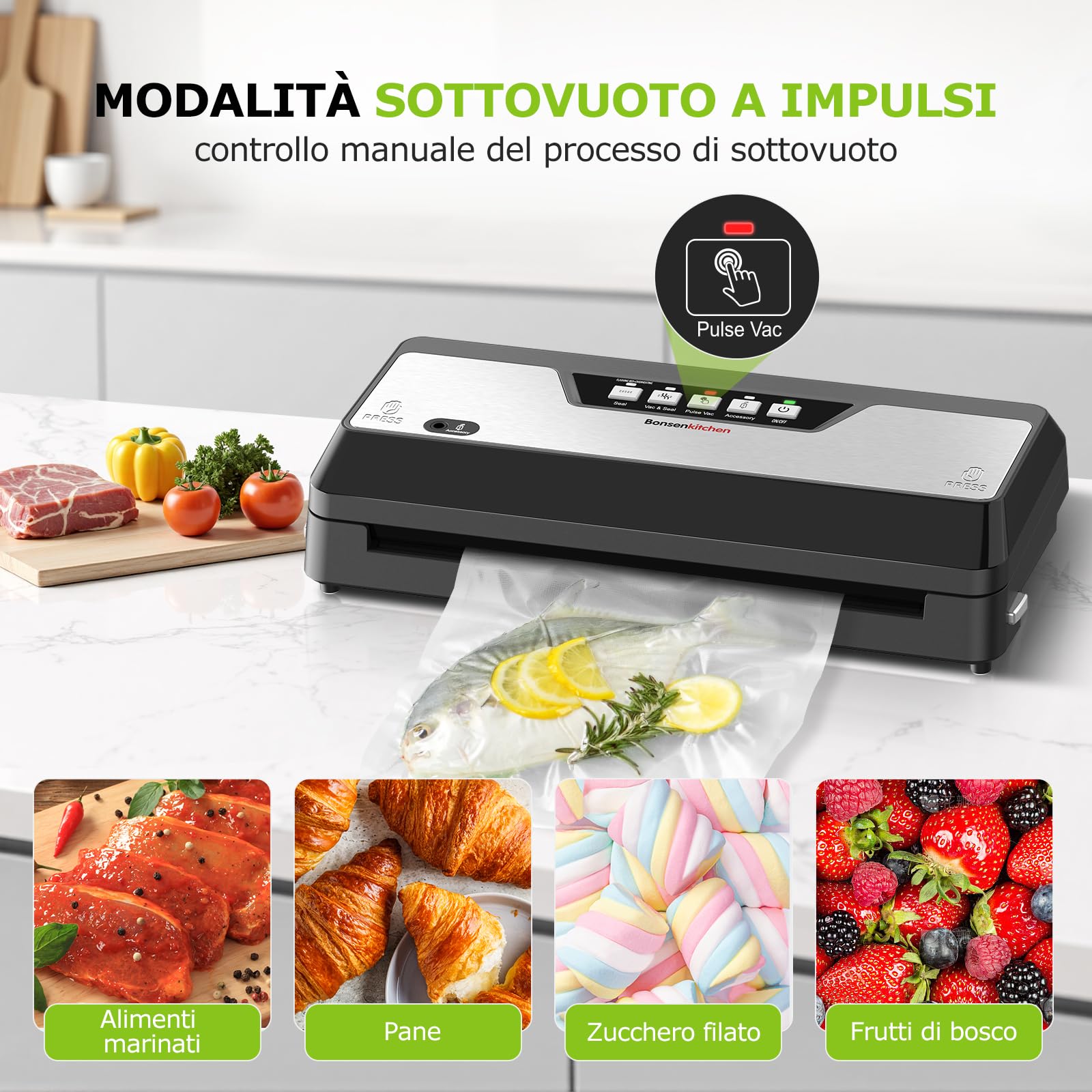 Bonsenkitchen Macchina Sottovuoto Alimenti, 125Watt, Taglierino Integrato | 4 Modalità di Funzionamento, Barra di Sigillatura Allargata, 1 Rotolo di Sacchetti, 5 Sacchetti Sottovuoto, VS3019