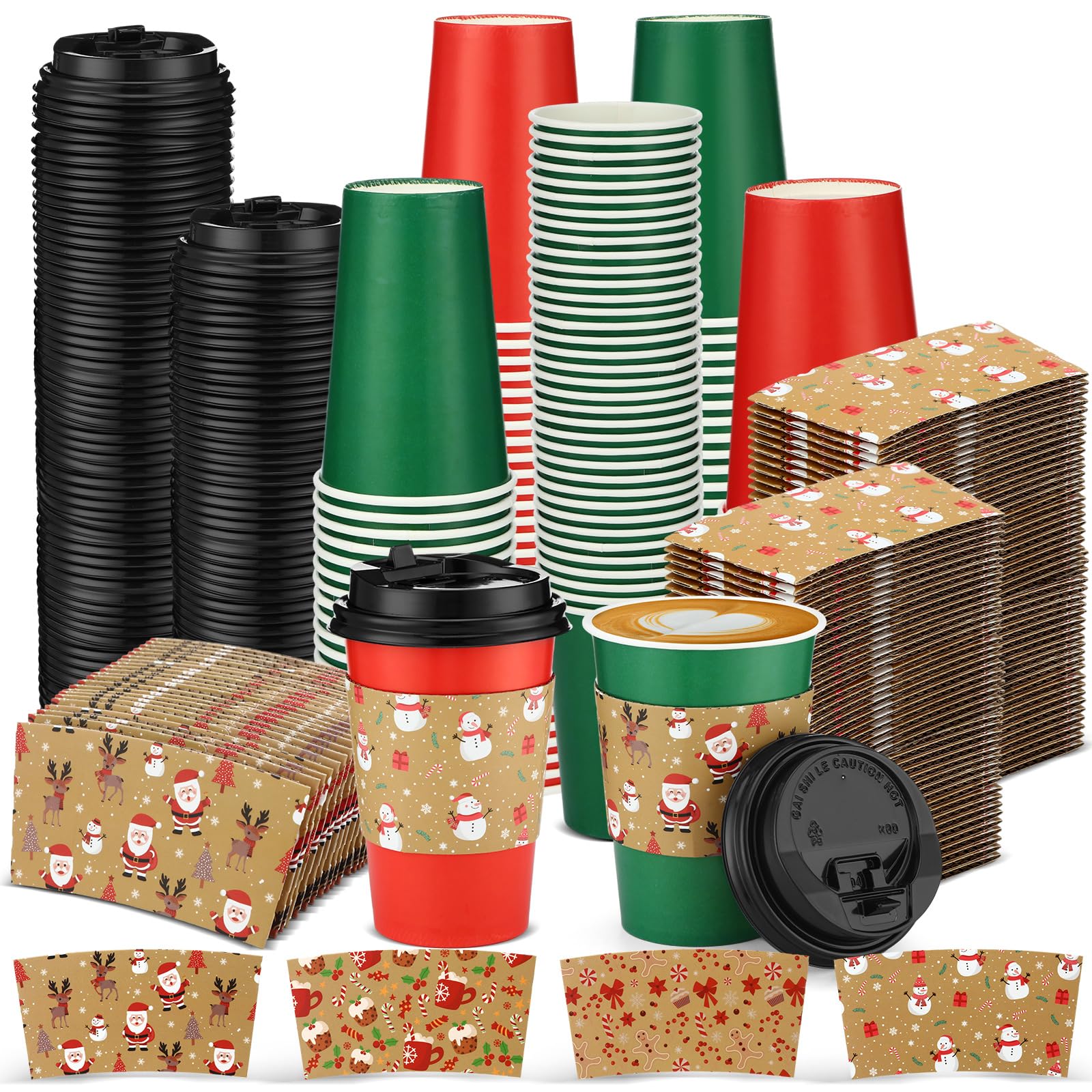 Suttmin 300 Pcs Christmas Disposable Coffee Cups with Lids and Sleeves
