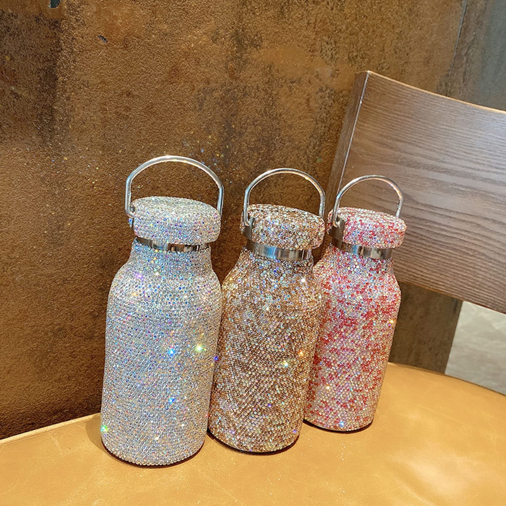 Diamentowa termos, butelka termiczna, kubek termiczny kubek podróżny Bling Rhinestone Shinning butelka na wodę Diamentowa kolba ze stali nierdzewnej Butelka próżniowa(Gold)